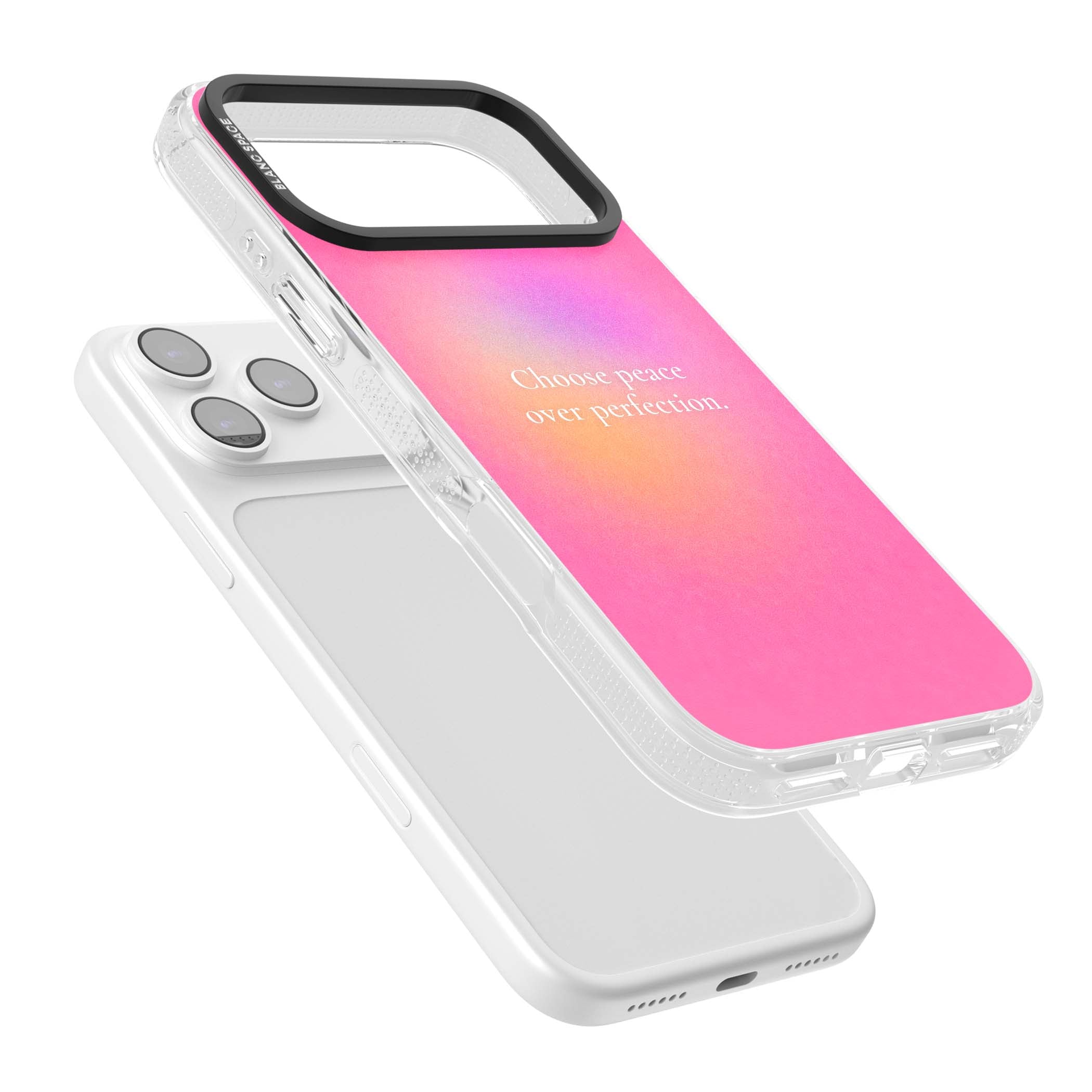Peace Over Perfection quote iPhone case featuring a dreamy pink aura gradient and delicate white affirmation text | Clear Case Impact Air case for iPhone 17 Pro, iPhone 17 Pro Max