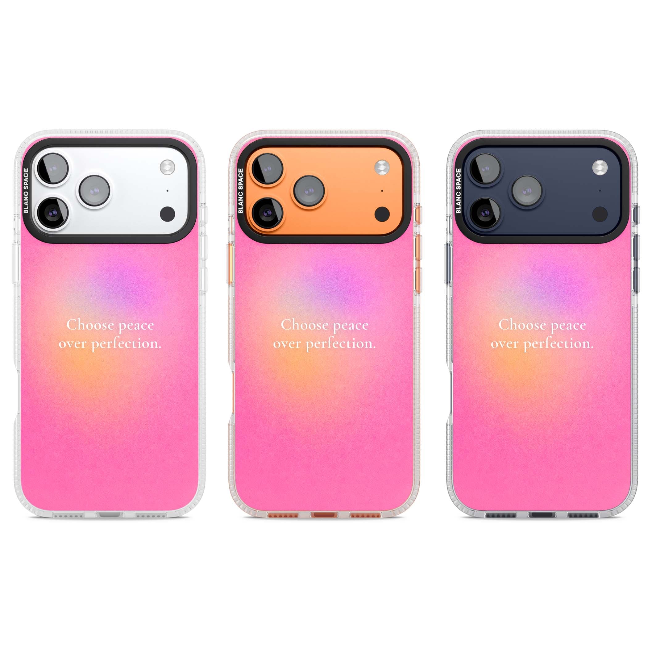Peace Over Perfection quote iPhone case featuring a dreamy pink aura gradient and delicate white affirmation text | Clear Case Impact Air case for iPhone 17 Pro, iPhone 17 Pro Max