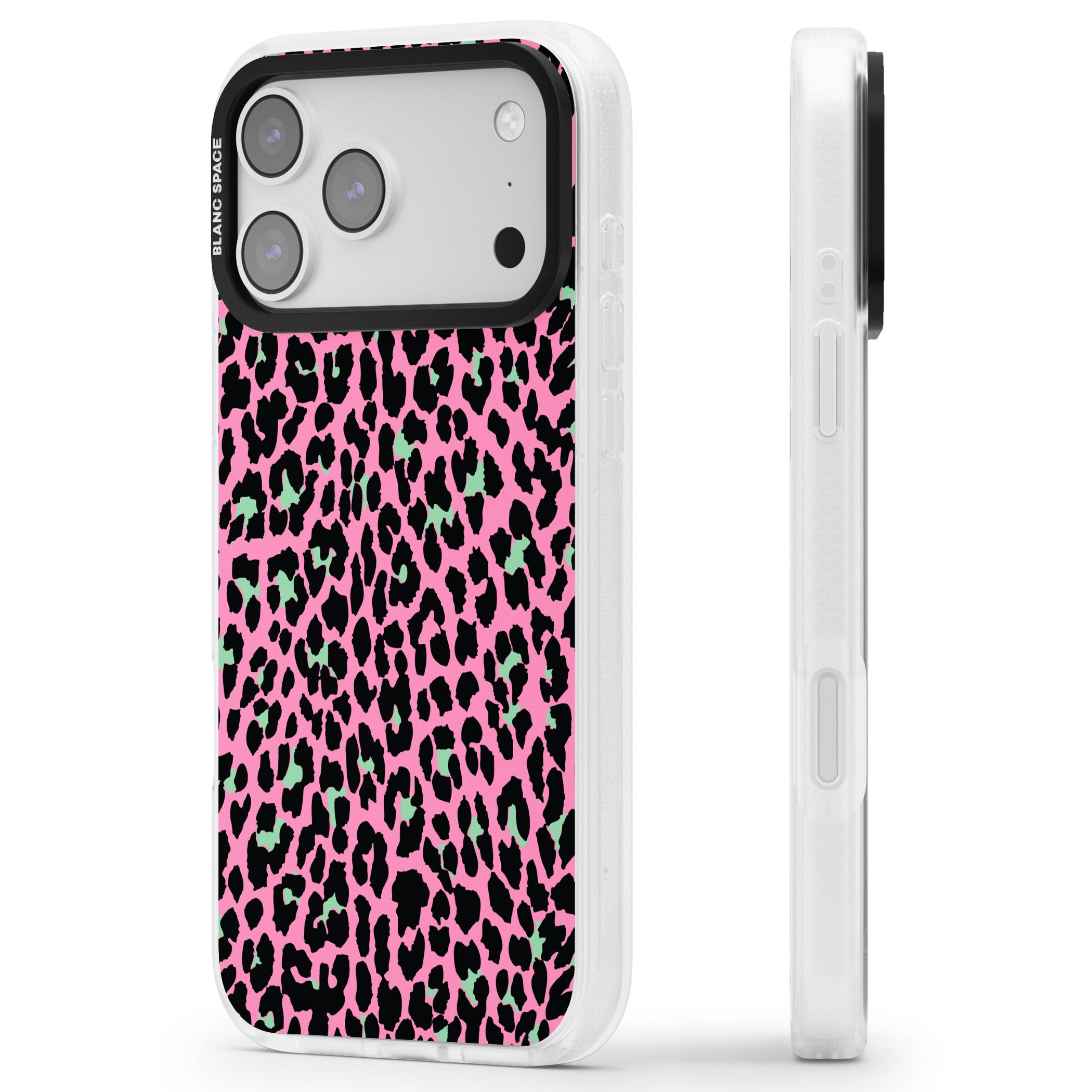 Pink & Green Leopard iPhone 17 Pro Impact Air Clear Phone Case Side Profile