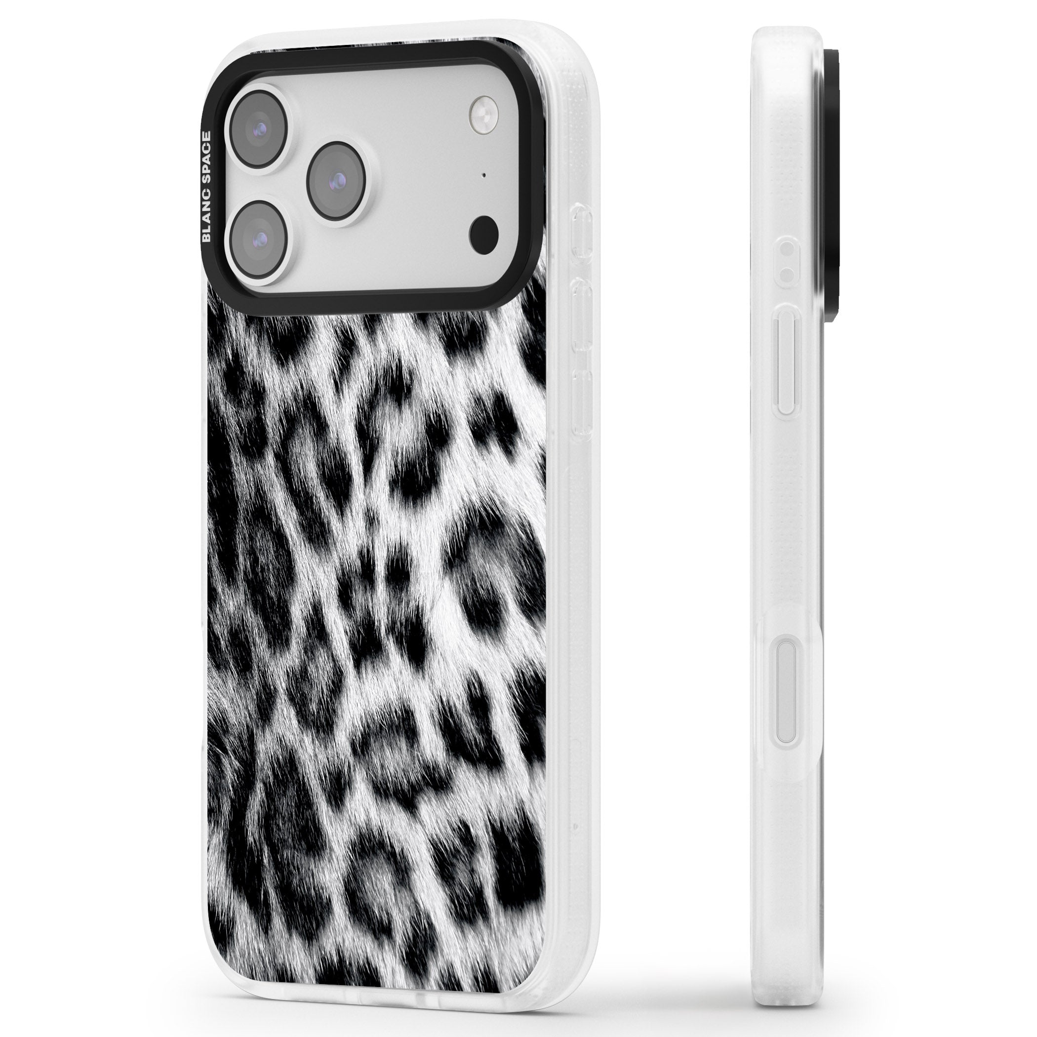 Animal Fur Pattern Snow Leopard iPhone 17 Pro Impact Air Clear Phone Case Side Profile