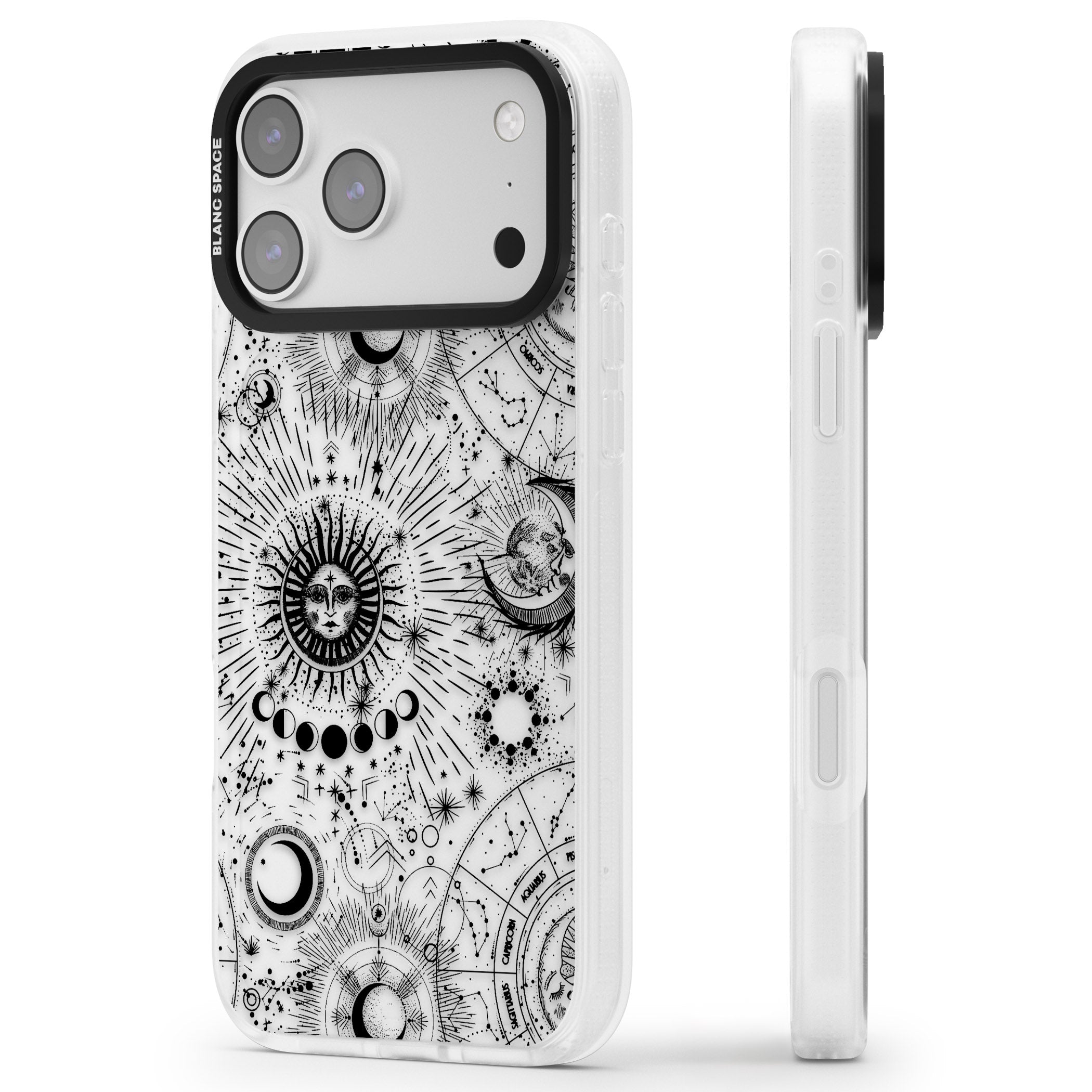 Suns & Zodiac Solar Chart iPhone 17 Pro Impact Air Clear Phone Case Side Profile