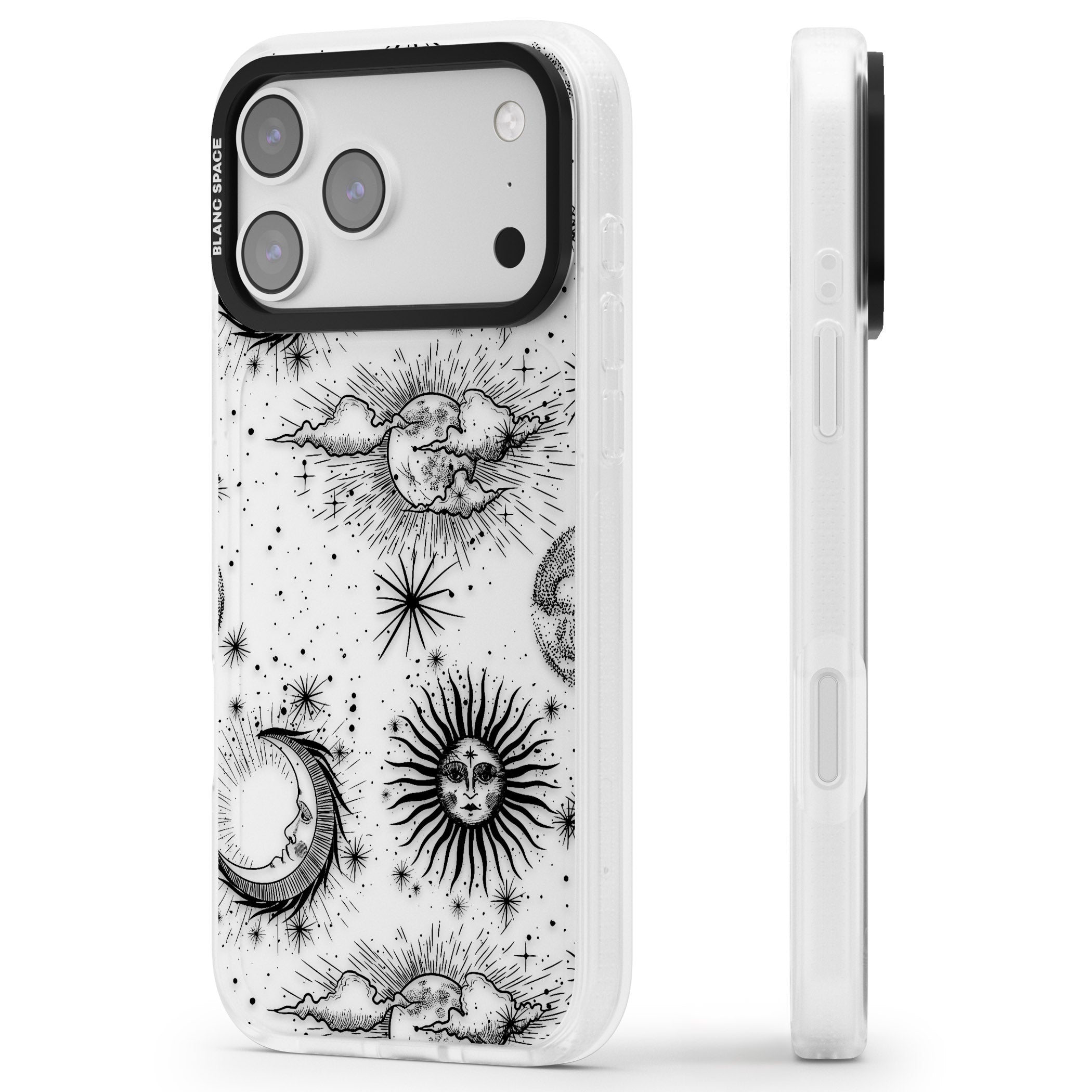 Suns, Moons & Clouds iPhone 17 Pro Impact Air Clear Phone Case Side Profile