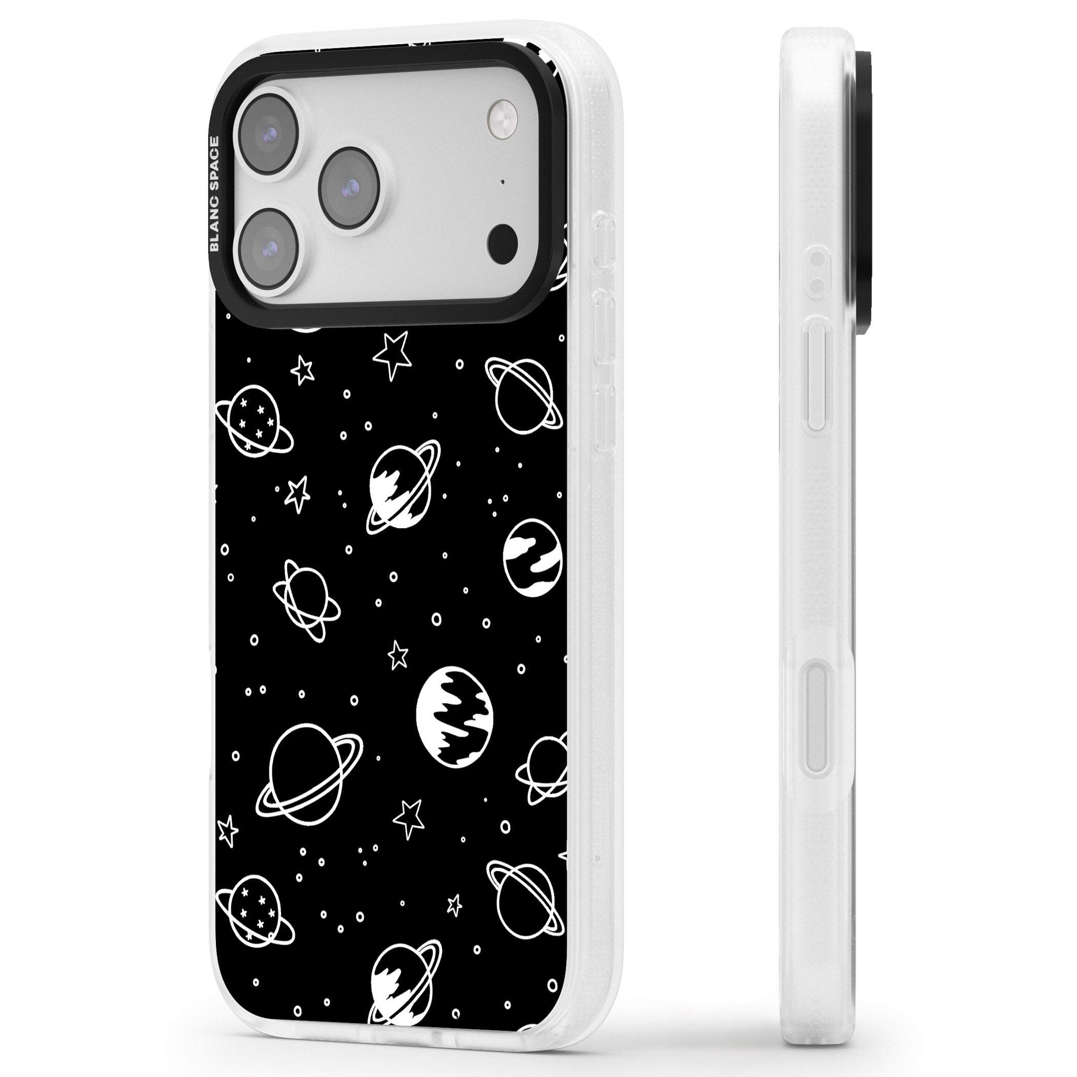 Cosmic Sketch White Black iPhone 17 Pro Impact Air Clear Phone Case Side Profile