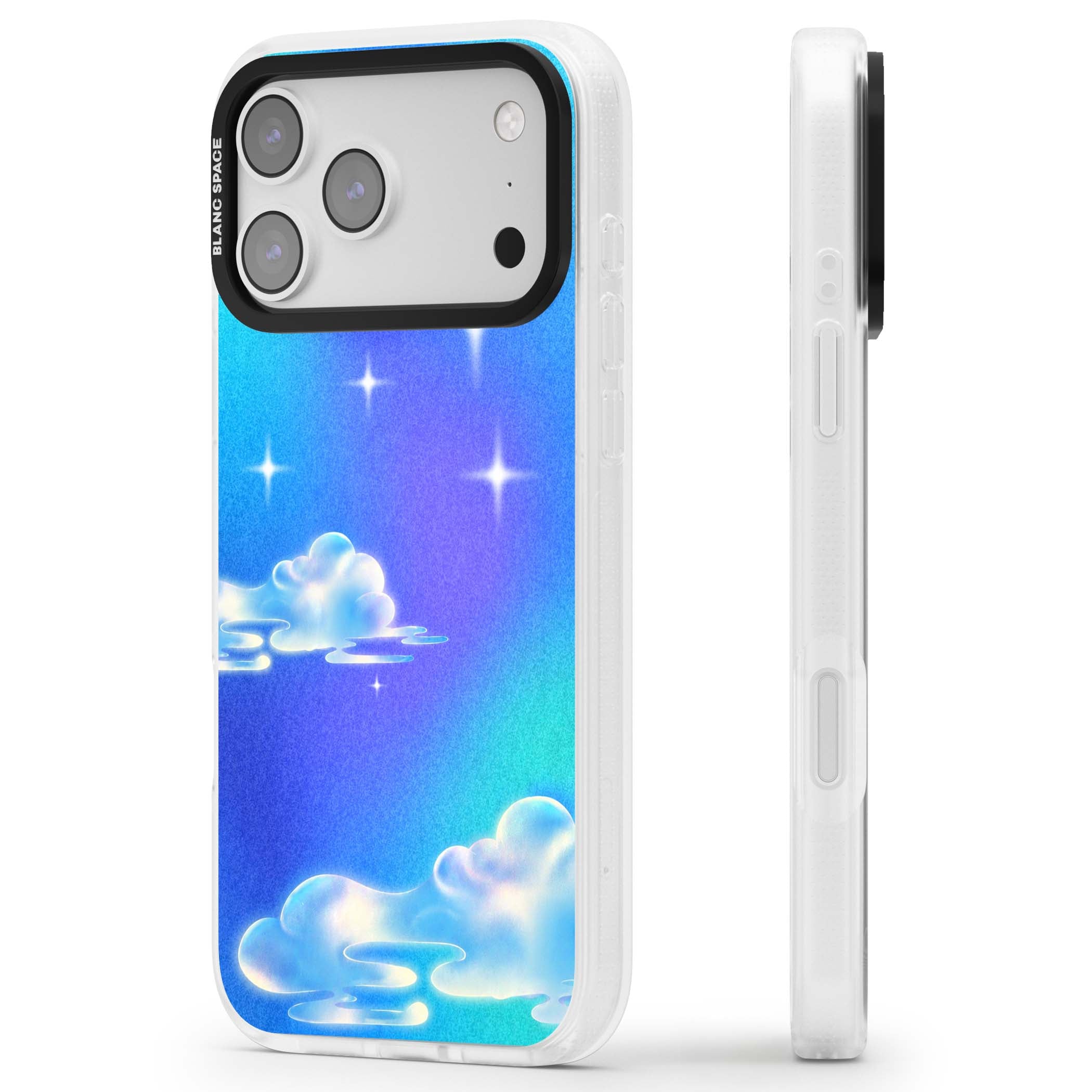 Aurora celestial iPhone case featuring dreamy iridescent clouds, sparkling stars and pastel blue purple sky | Clear Case Impact Air case for iPhone 17 Pro, iPhone 17 Pro Max