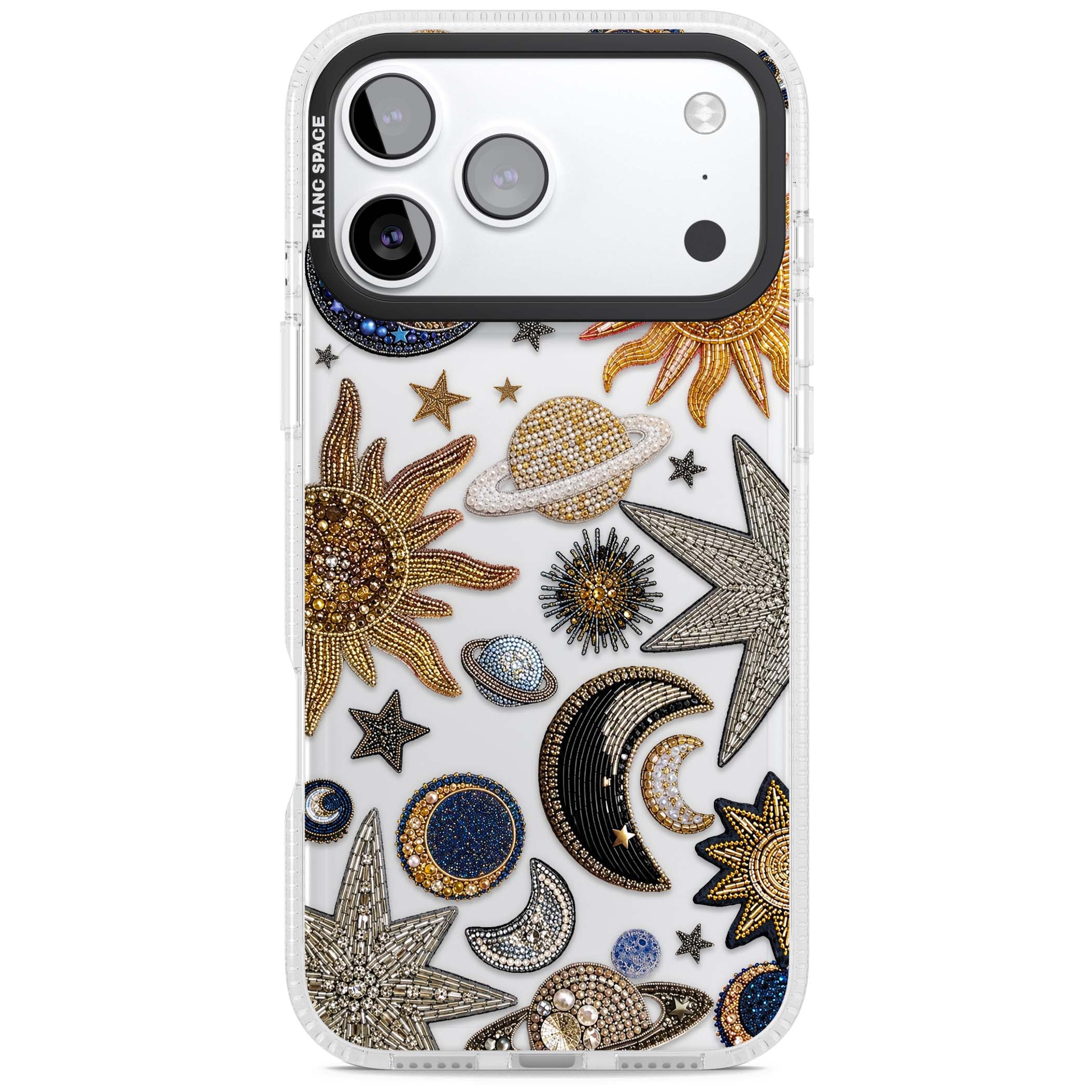 Beaded Cosmos celestial iPhone case featuring embroidered golden suns, beaded planets and silver shooting stars | Clear Case Impact Air case for iPhone 17 Pro, iPhone 17 Pro Max