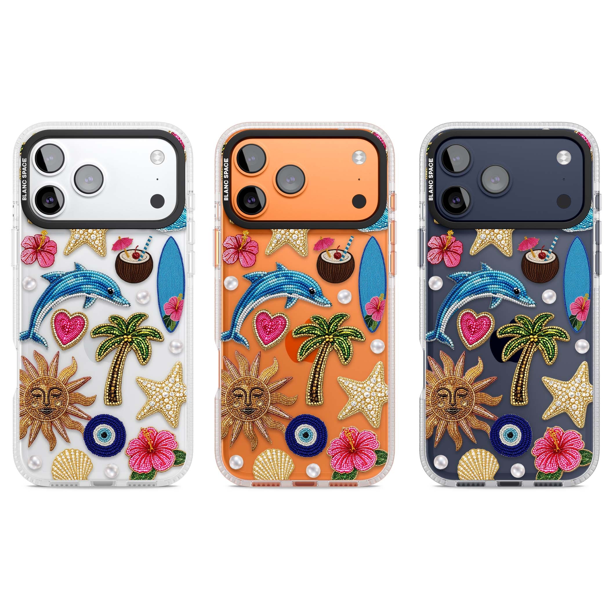 Beaded Beach coastal summer iPhone case featuring embroidered evil eye, hibiscus flowers, dolphin and palm tree patches | Clear Case Impact Air case for iPhone 17 Pro, iPhone 17 Pro Max