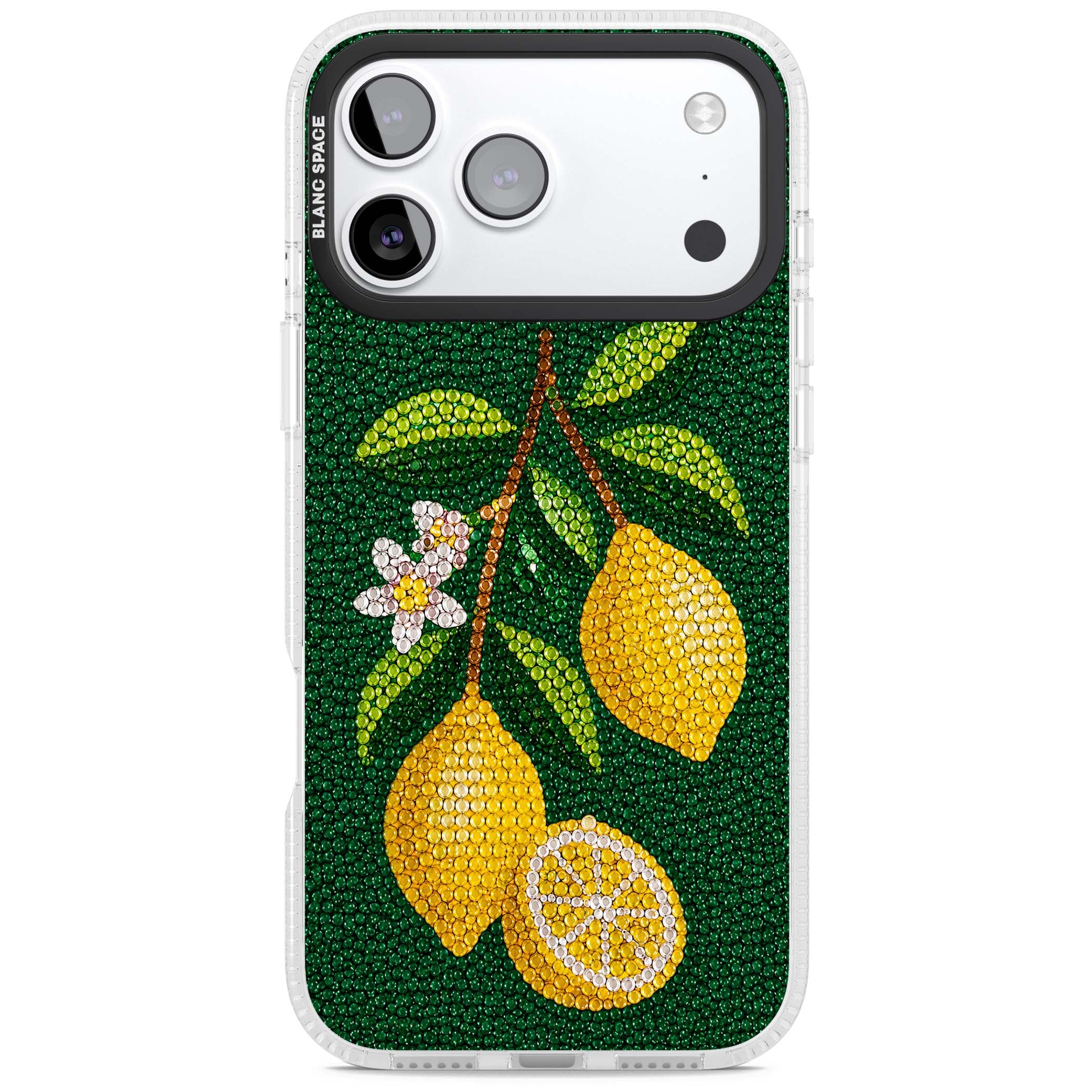 Beaded Lemons coastal iPhone case featuring crystal-beaded lemons, citrus blossom and green leaves on emerald ground | Clear Case Impact Air case for iPhone 17 Pro, iPhone 17 Pro Max