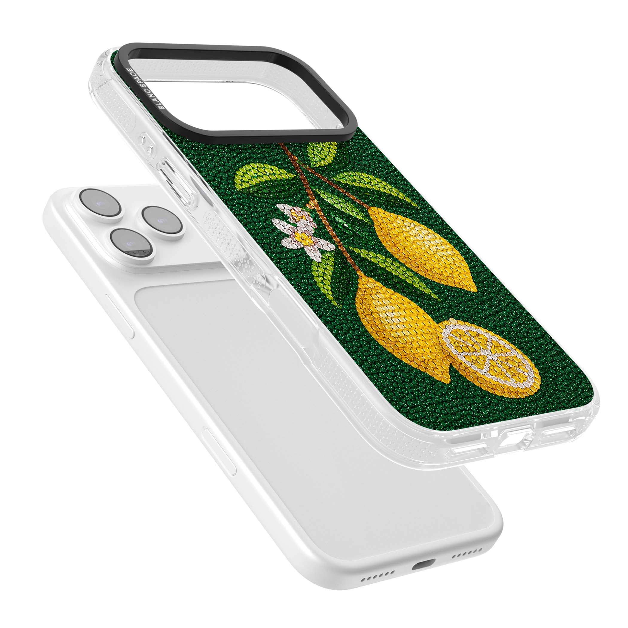 Beaded Lemons coastal iPhone case featuring crystal-beaded lemons, citrus blossom and green leaves on emerald ground | Clear Case Impact Air case for iPhone 17 Pro, iPhone 17 Pro Max