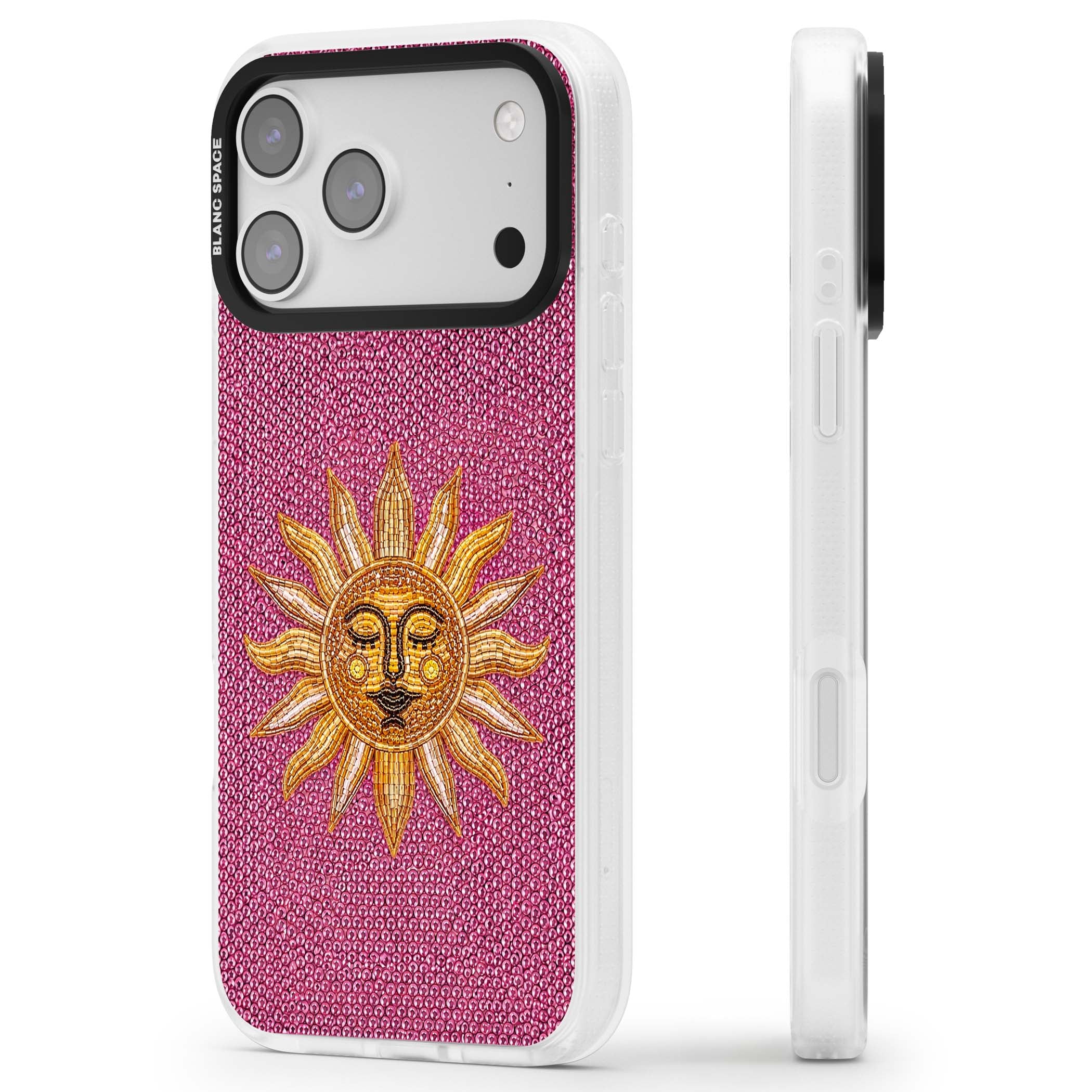Beaded Sun celestial iPhone case featuring a golden beaded sun face with radiant rays on hot pink beaded background | Clear Case Impact Air case for iPhone 17 Pro, iPhone 17 Pro Max