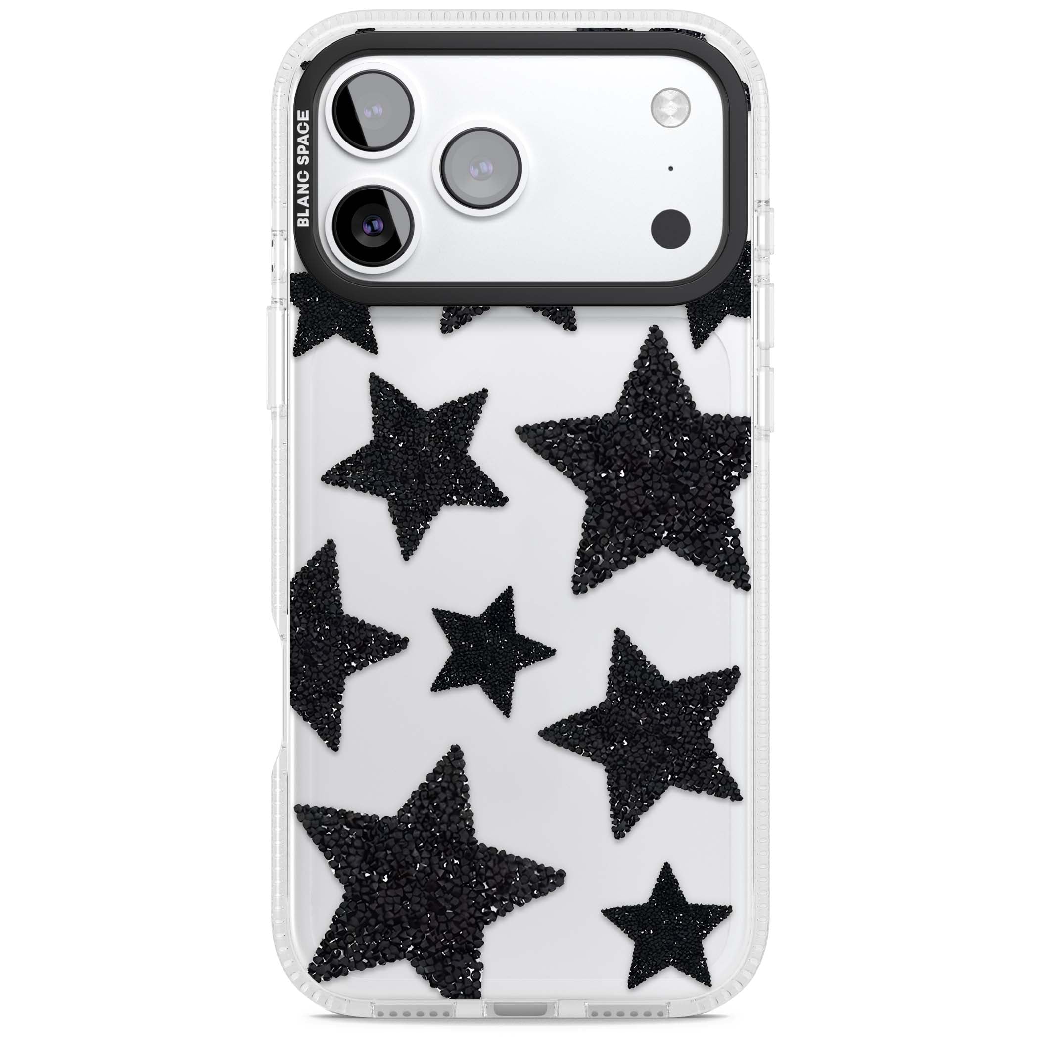 Beaded Black Stars celestial iPhone case featuring black glitter beaded stars scattered on a clear background | Clear Case Impact Air case for iPhone 17 Pro, iPhone 17 Pro Max