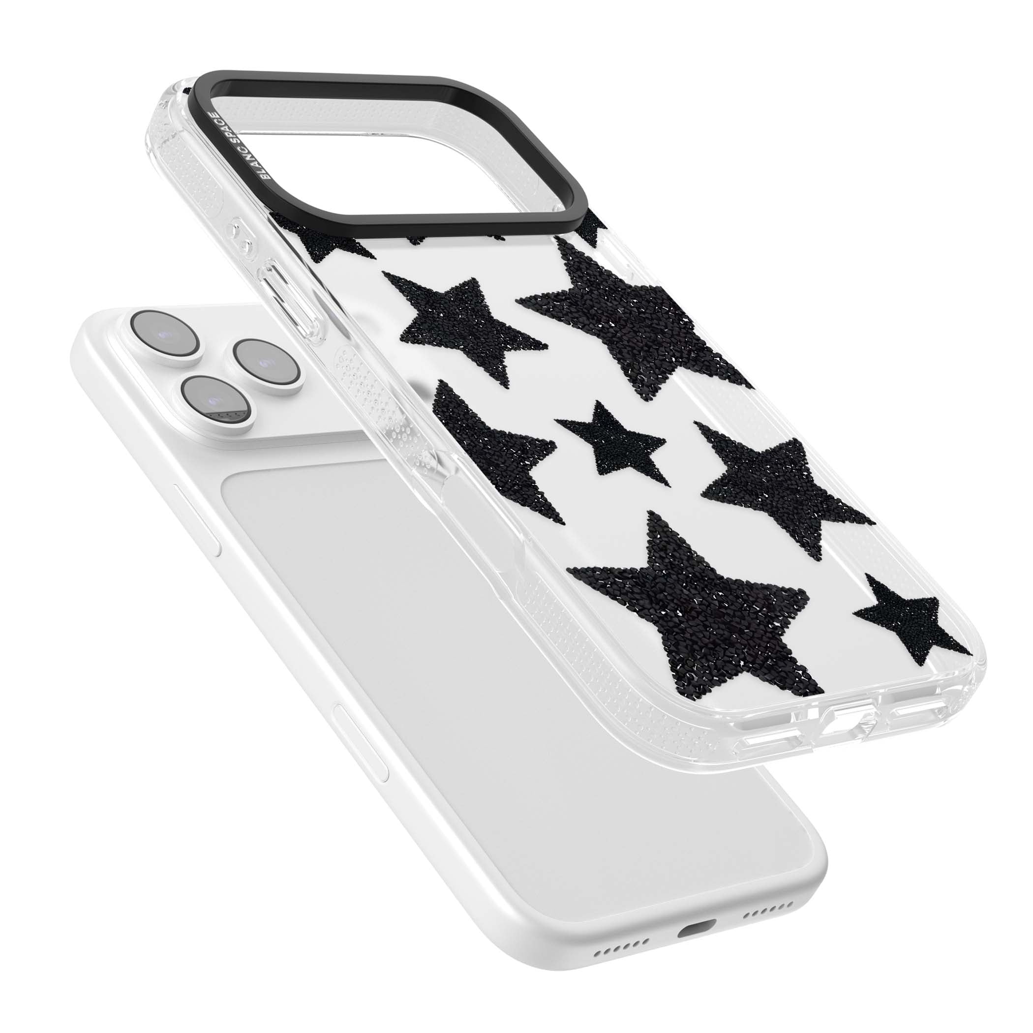 Beaded Black Stars celestial iPhone case featuring black glitter beaded stars scattered on a clear background | Clear Case Impact Air case for iPhone 17 Pro, iPhone 17 Pro Max