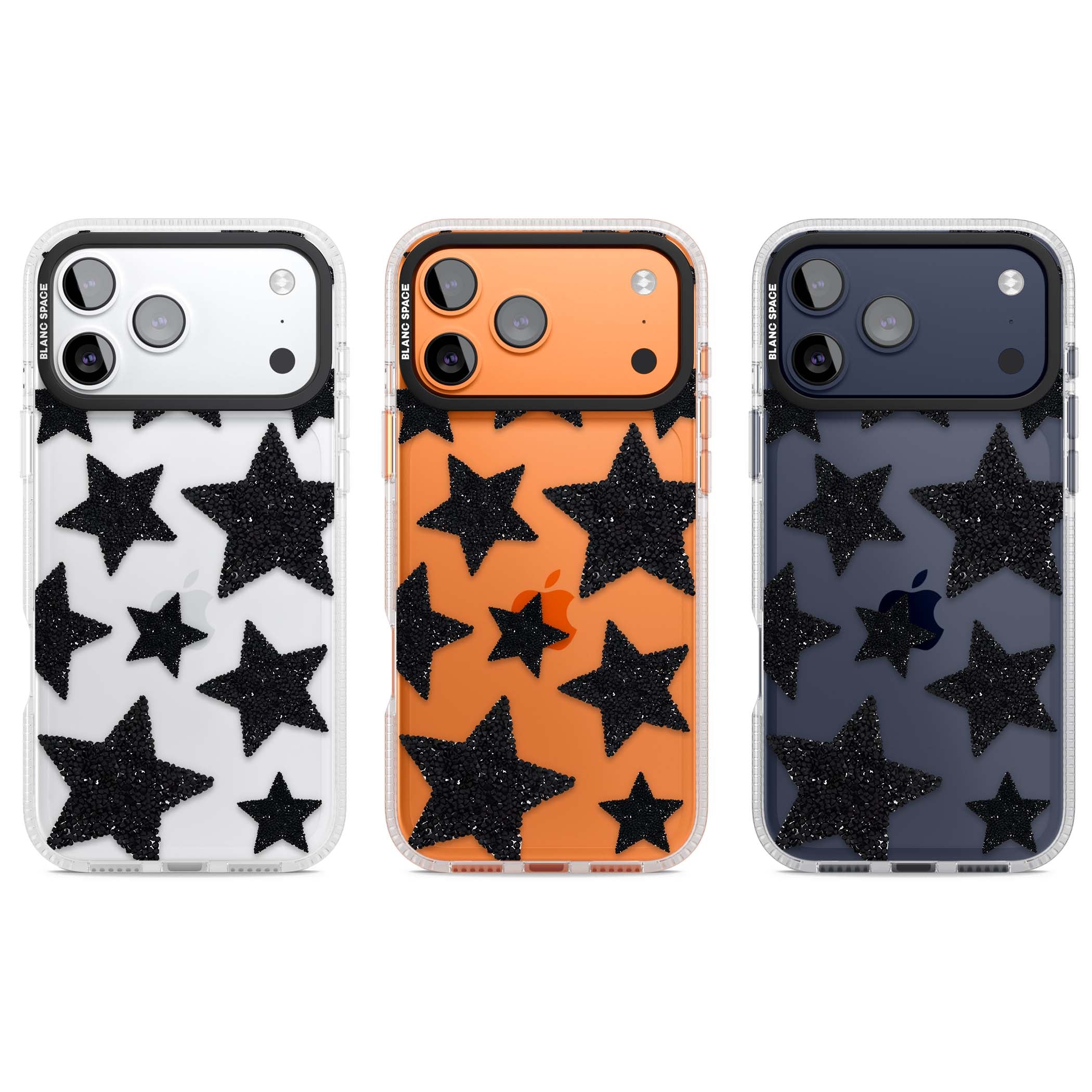 Beaded Black Stars celestial iPhone case featuring black glitter beaded stars scattered on a clear background | Clear Case Impact Air case for iPhone 17 Pro, iPhone 17 Pro Max