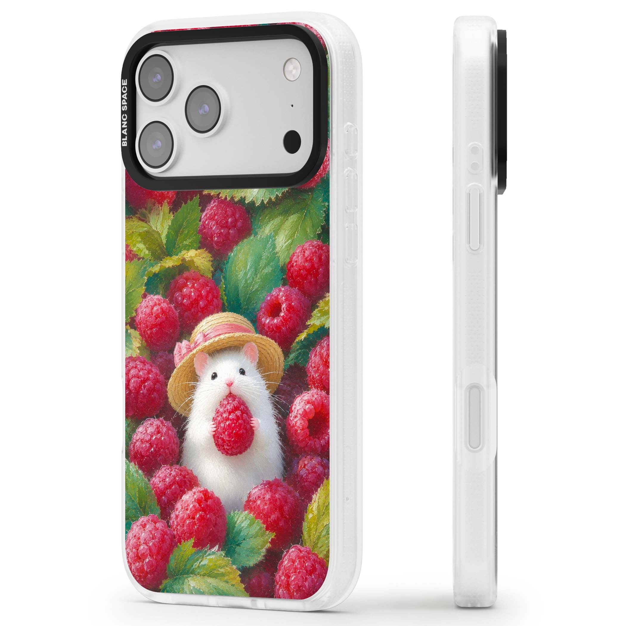 Berry Forager cottagecore iPhone case featuring a white hamster in a straw hat holding a raspberry surrounded by ripe ber | Clear Case Impact Air case for iPhone 17 Pro, iPhone 17 Pro Max