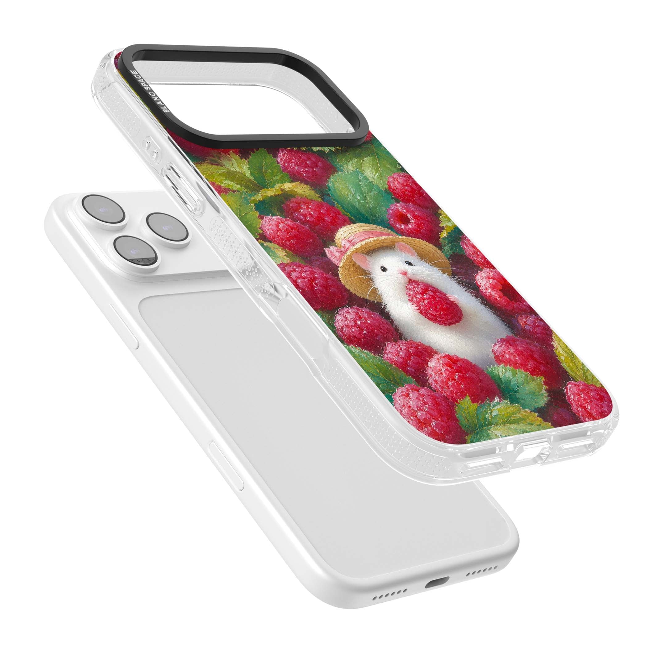 Berry Forager cottagecore iPhone case featuring a white hamster in a straw hat holding a raspberry surrounded by ripe ber | Clear Case Impact Air case for iPhone 17 Pro, iPhone 17 Pro Max