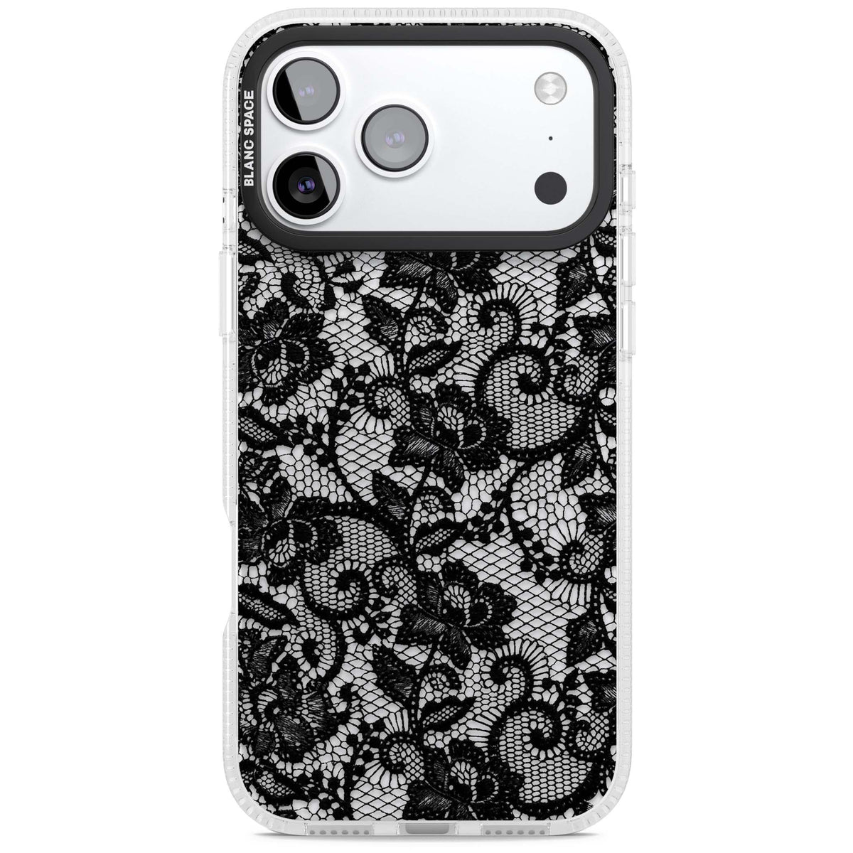 Black Lace gothic iPhone case featuring intricate black floral lace pattern with vintage whimsigoth detail | Clear Case Impact Air case for iPhone 17 Pro, iPhone 17 Pro Max