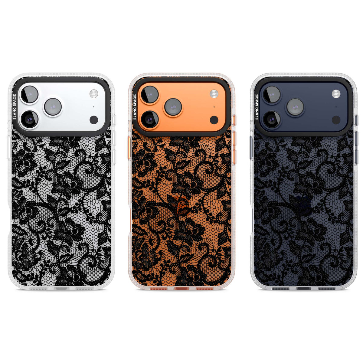 Black Lace gothic iPhone case featuring intricate black floral lace pattern with vintage whimsigoth detail | Clear Case Impact Air case for iPhone 17 Pro, iPhone 17 Pro Max