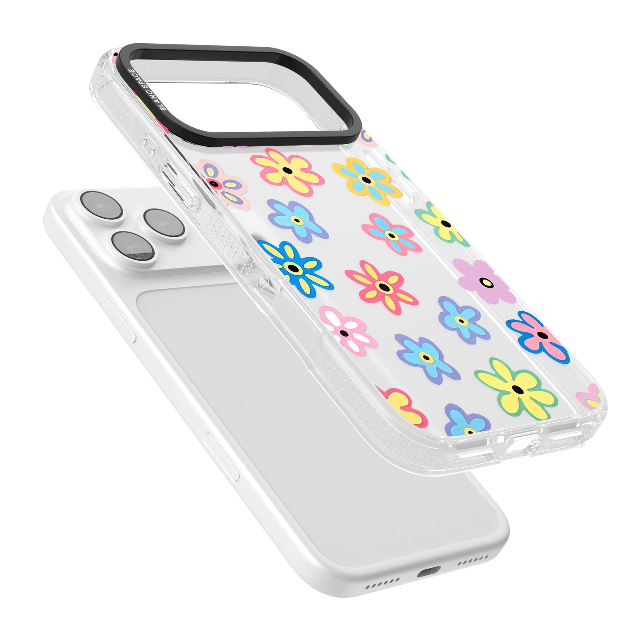 Bloom Pop cottagecore iPhone case featuring multicolor pastel flowers with black centers on clear background | Clear Case Impact Air case for iPhone 17 Pro, iPhone 17 Pro Max