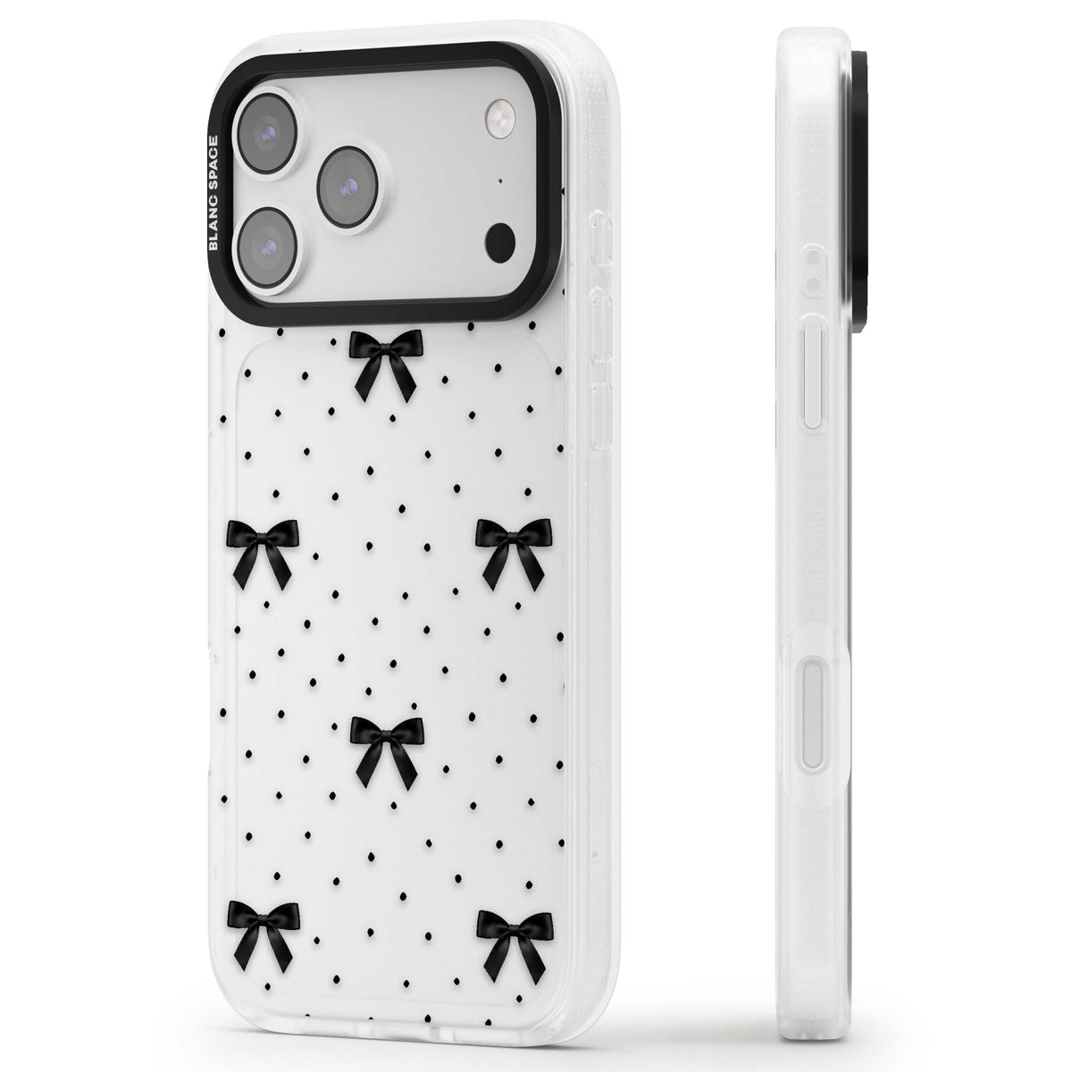 Black Polka Bows coquette iPhone case featuring scattered black satin bows and tiny polka dots on a clear base | Clear Case Impact Air case for iPhone 17 Pro, iPhone 17 Pro Max