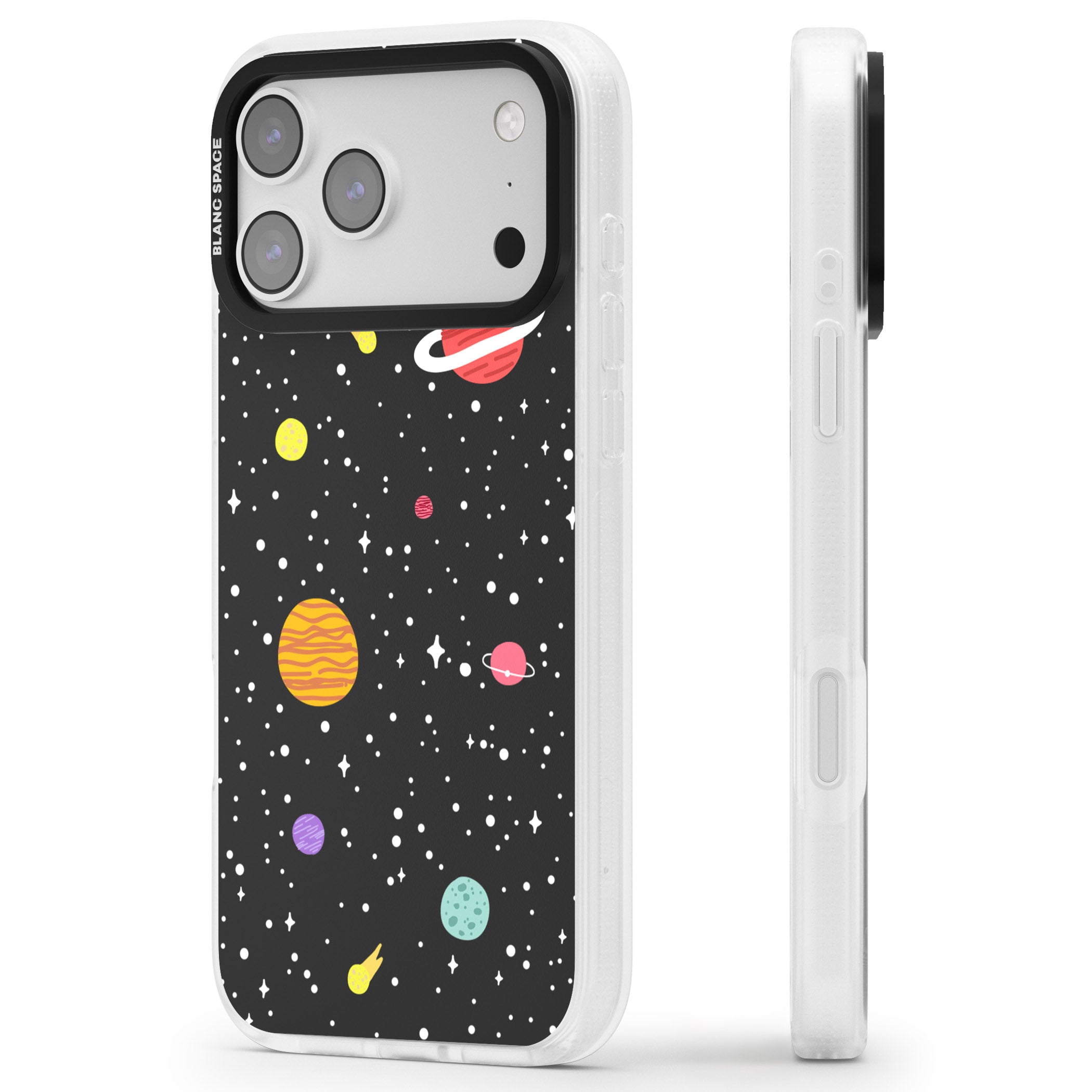 Cute Cartoon Planets iPhone 17 Pro Impact Air Clear Phone Case Side Profile