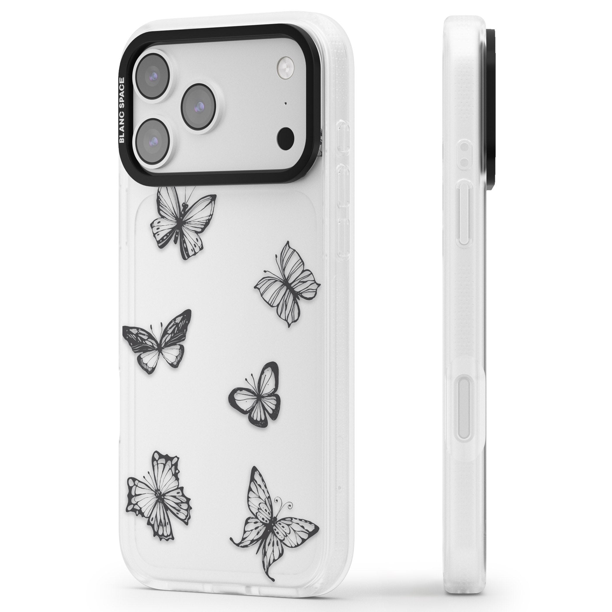 Grey Butterfly Line Pattern iPhone 17 Pro Impact Air Clear Phone Case Side Profile