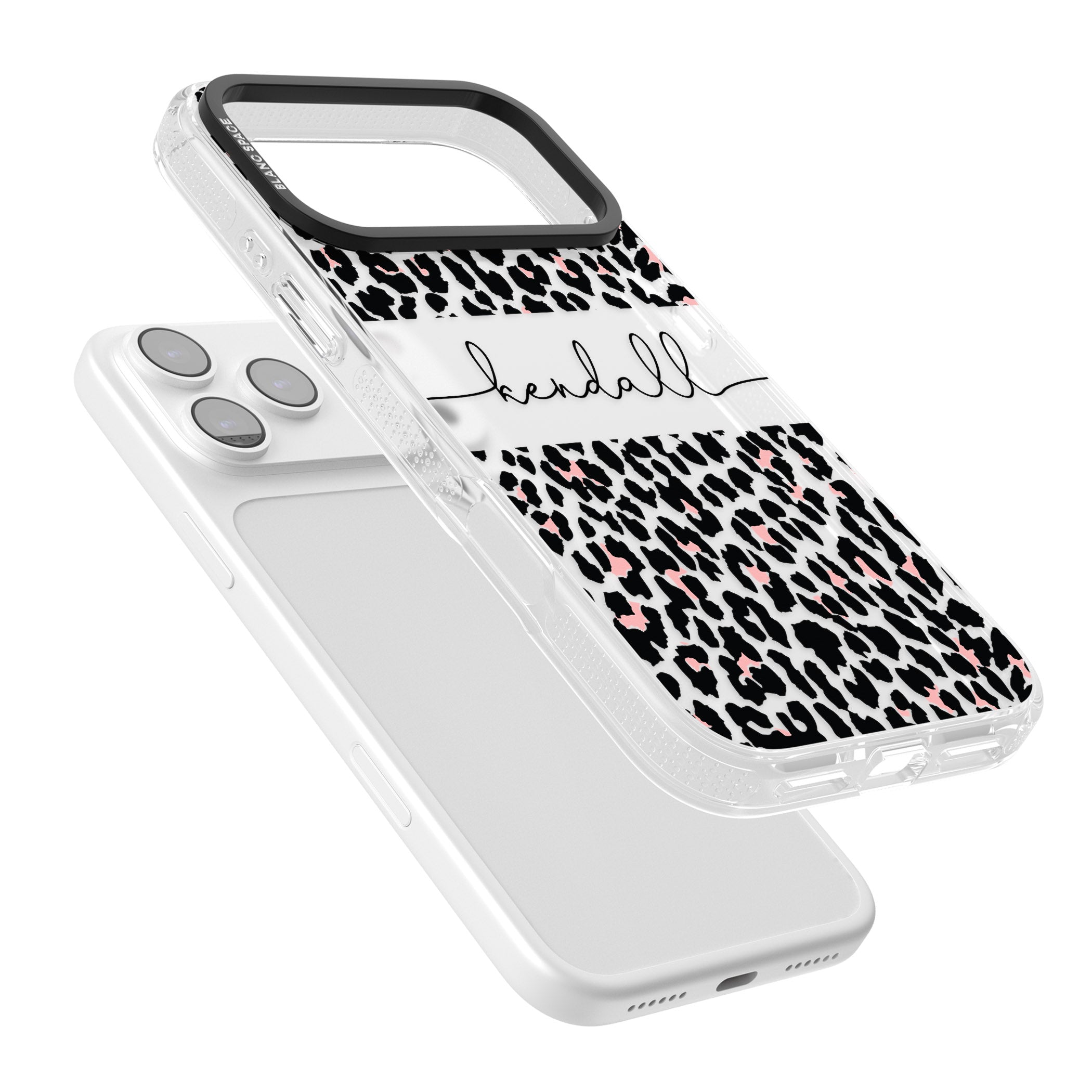 Personalised Cursive Leopard Spots iPhone 17 Pro Impact Air Clear Phone Case Colours