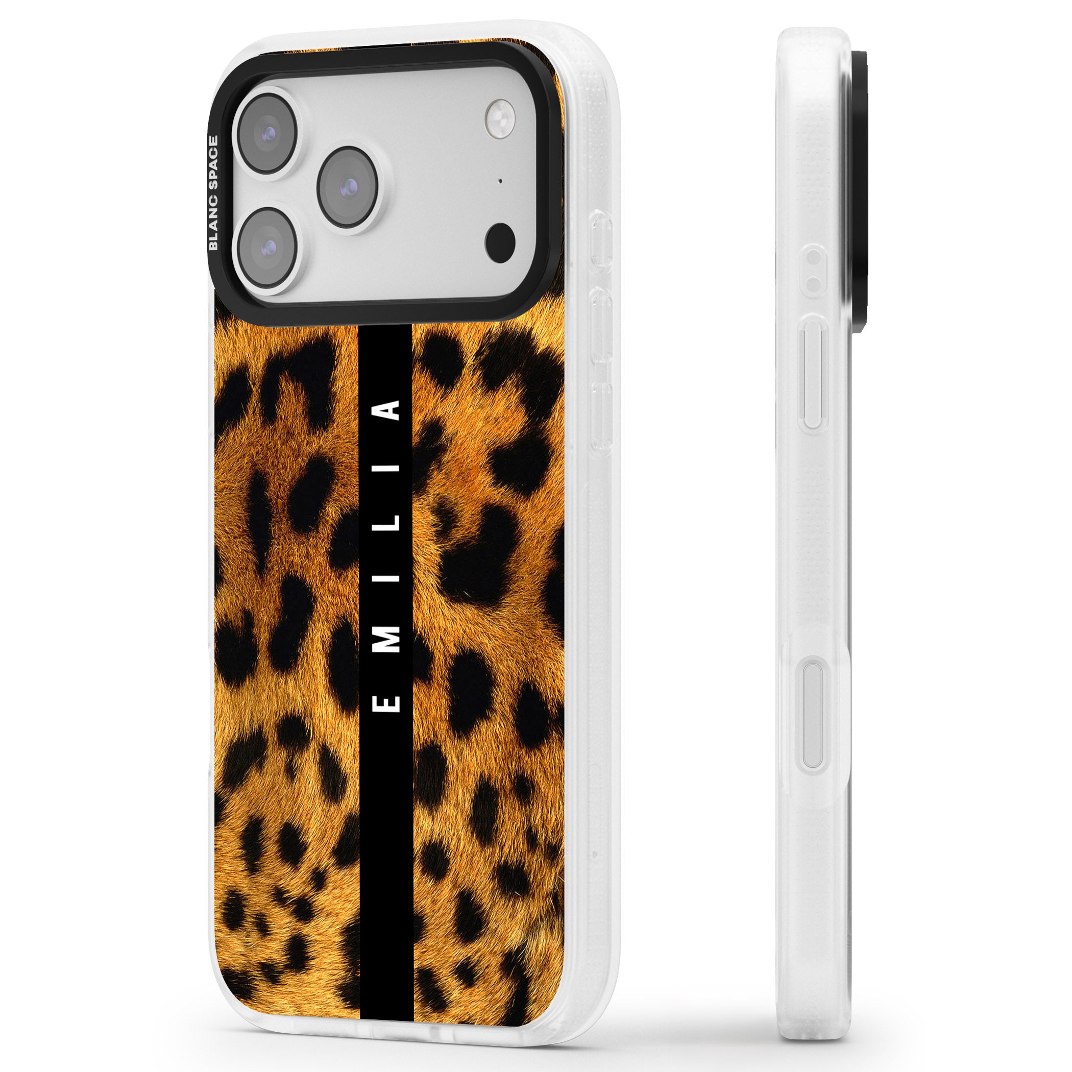 Personalised Leopard Print iPhone 17 Pro Max Impact Air Clear Phone Case Side Profile