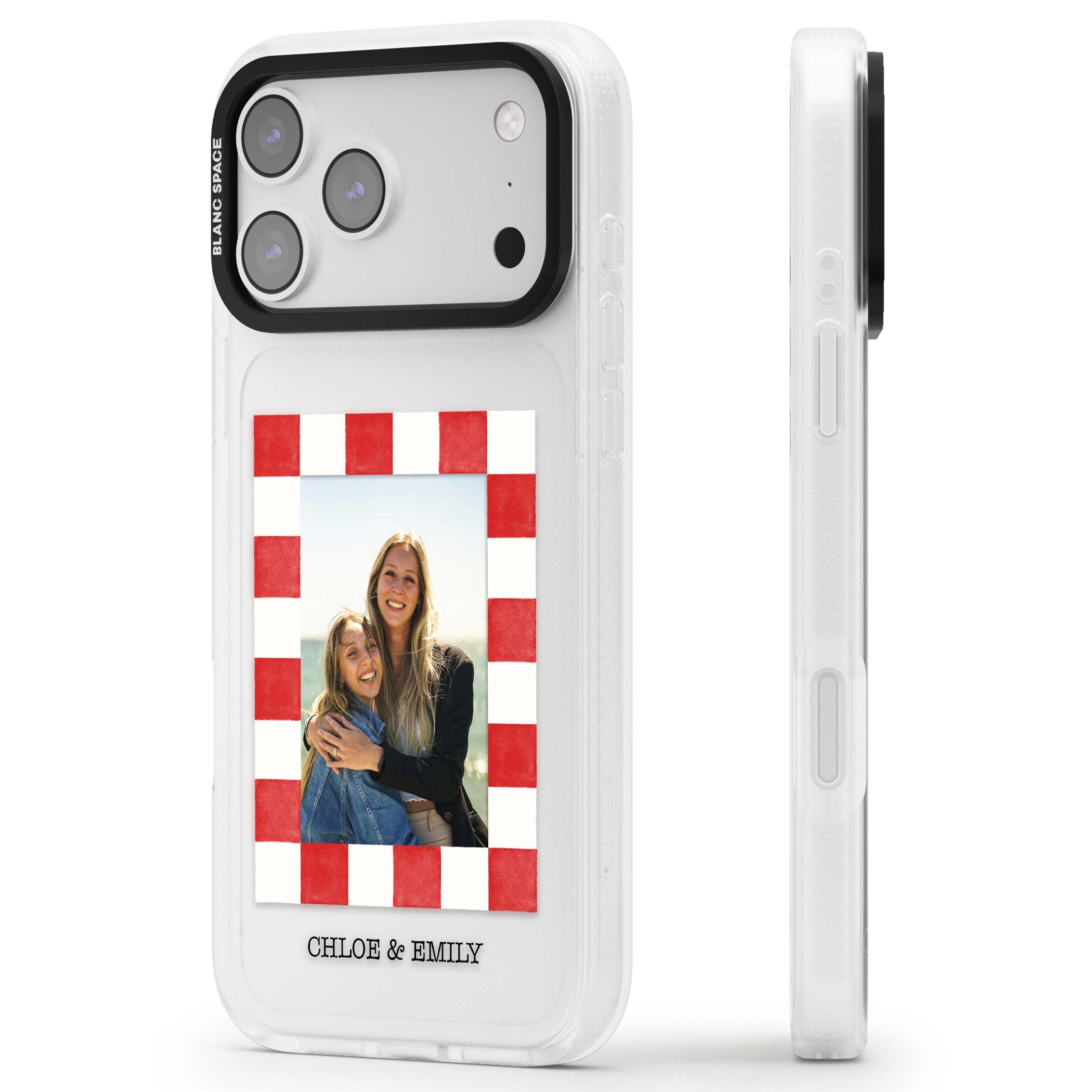 Red Check Photo personalised photo iPhone case with red and white checkered polaroid frame and custom couple name | Clear Case Impact Air case for iPhone 17 Pro, iPhone 17 Pro Max