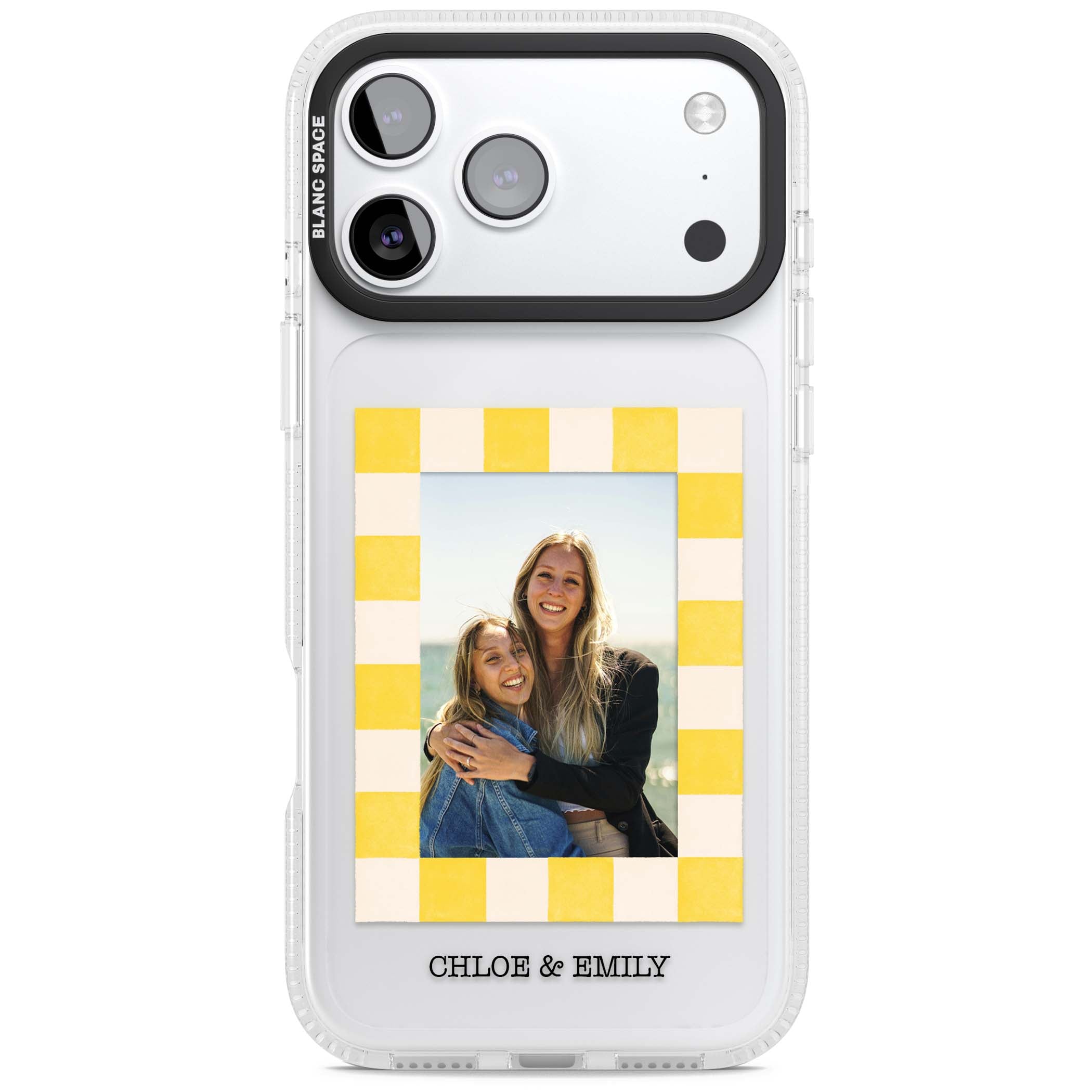 Yellow Check Photo personalised iPhone case with yellow checkered Polaroid frame and custom names beneath | Clear Case Impact Air case for iPhone 17 Pro, iPhone 17 Pro Max