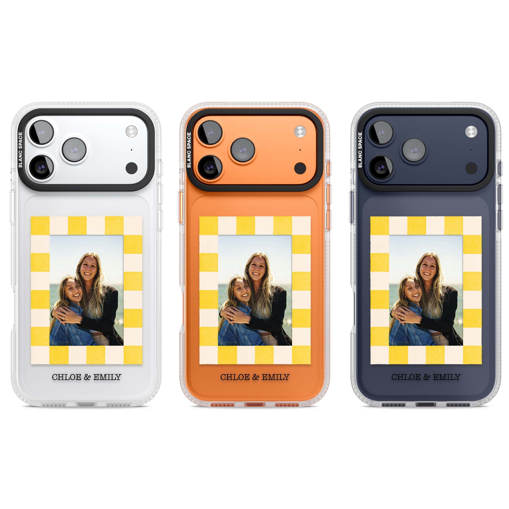 Yellow Check Photo personalised iPhone case with yellow checkered Polaroid frame and custom names beneath | Clear Case Impact Air case for iPhone 17 Pro, iPhone 17 Pro Max