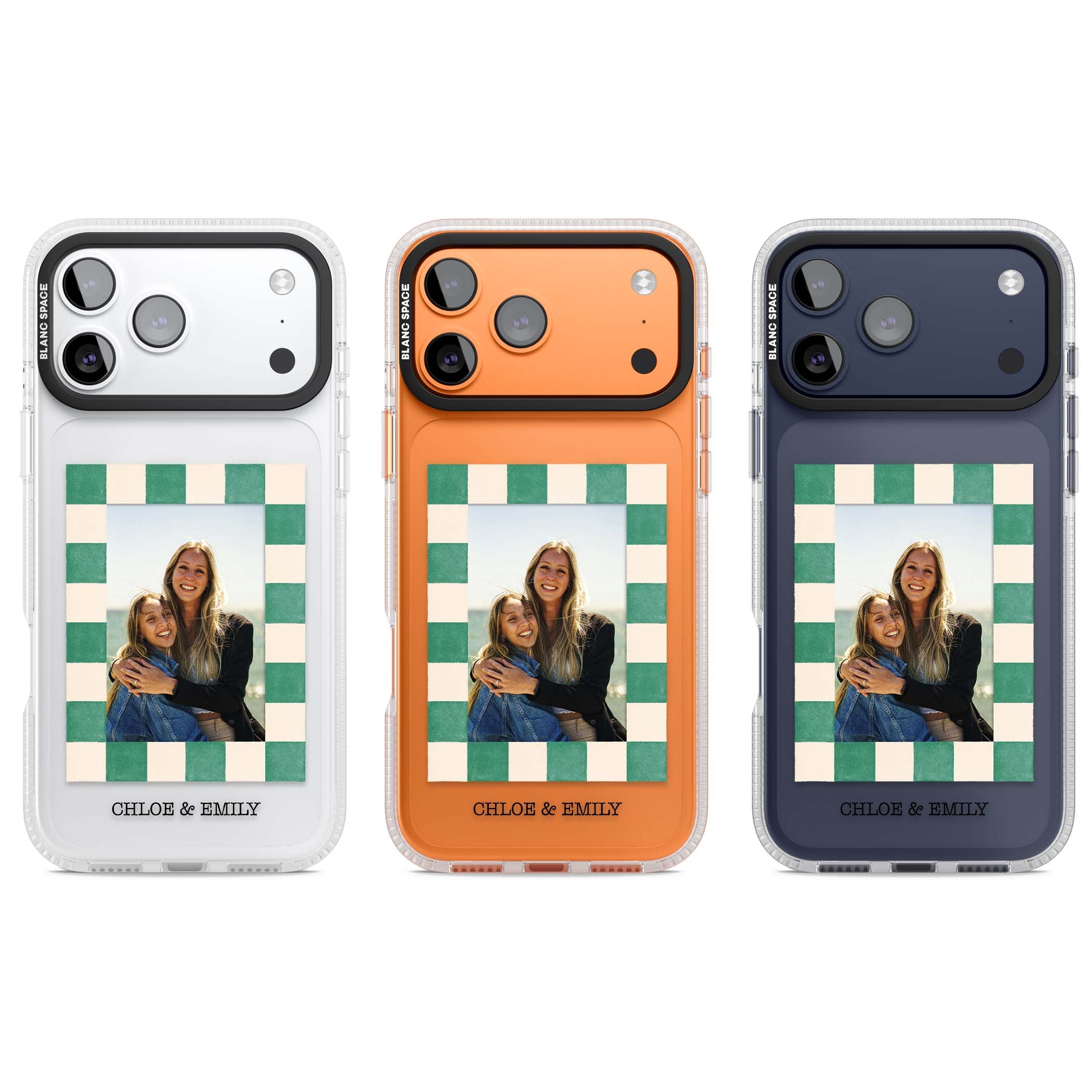 Seafoam Check Photo personalised iPhone case featuring a custom polaroid photo, green and cream checkered frame, and custom n | Clear Case Impact Air case for iPhone 17 Pro, iPhone 17 Pro Max