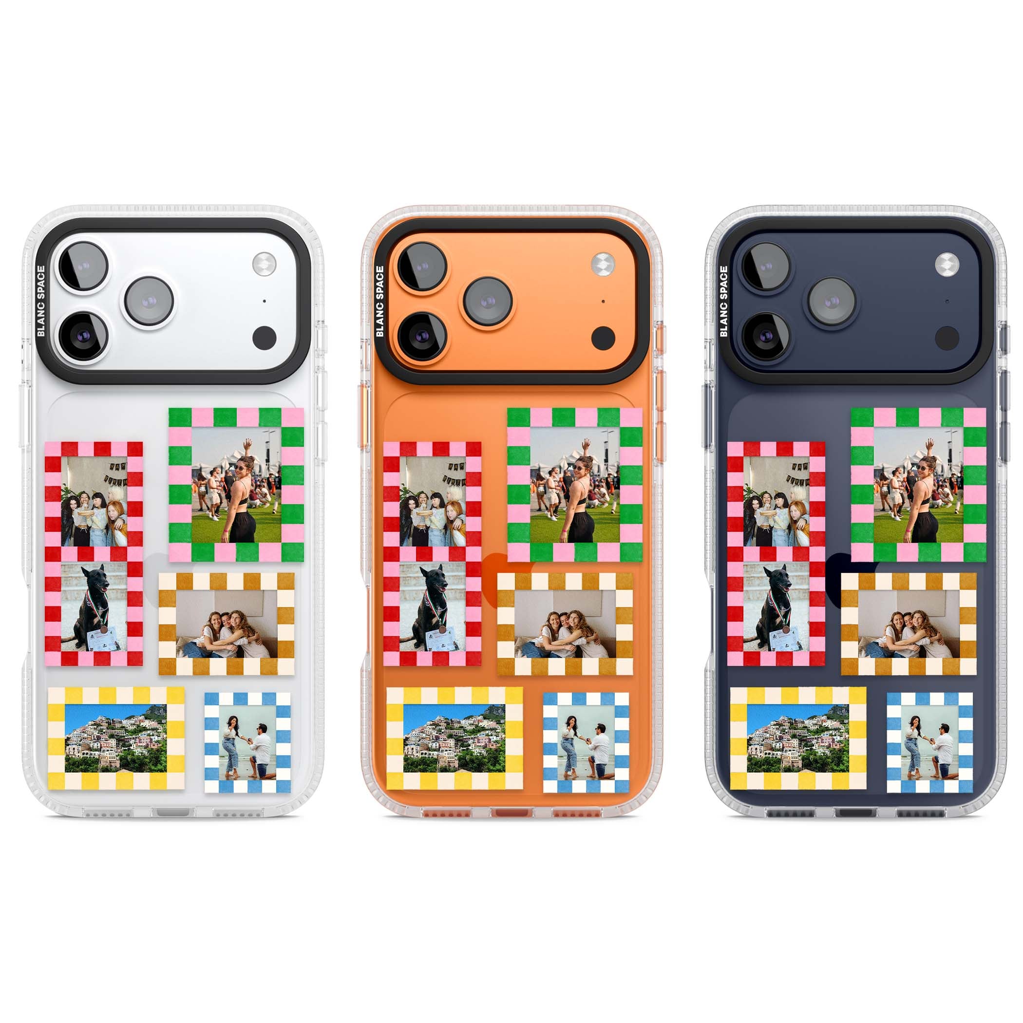 Italian Check Frames custom photo collage iPhone case featuring six checkered photo frames in red, green, pink and  | Clear Case Impact Air case for iPhone 17 Pro, iPhone 17 Pro Max