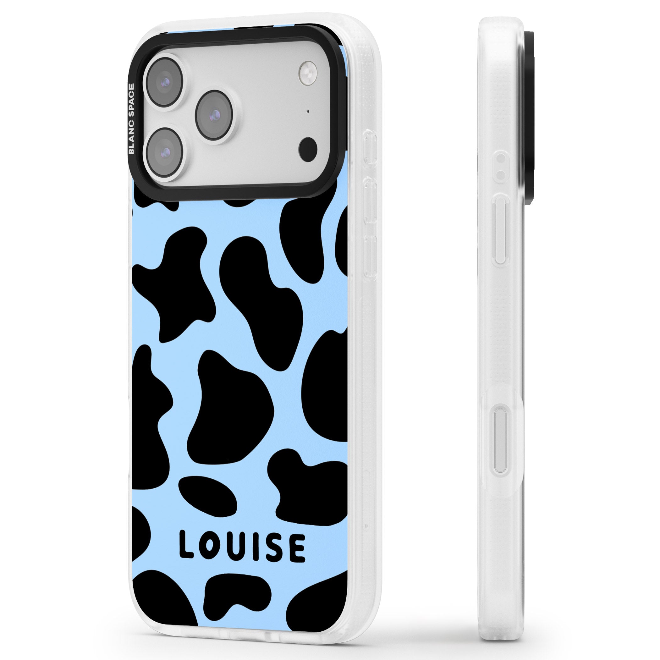 Personalised Blue And Black Cow Print iPhone 17 Pro Impact Air Clear Phone Case Side Profile