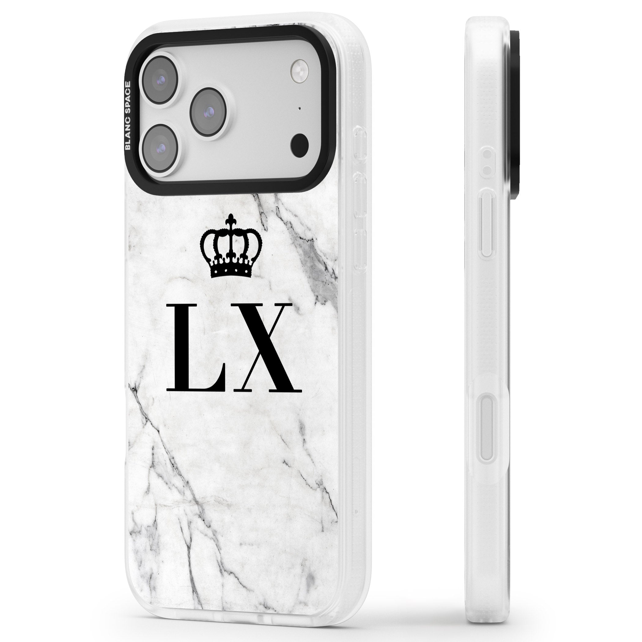 Personalised Initial Crown Marble iPhone 17 Pro Impact Air Clear Phone Case Side Profile