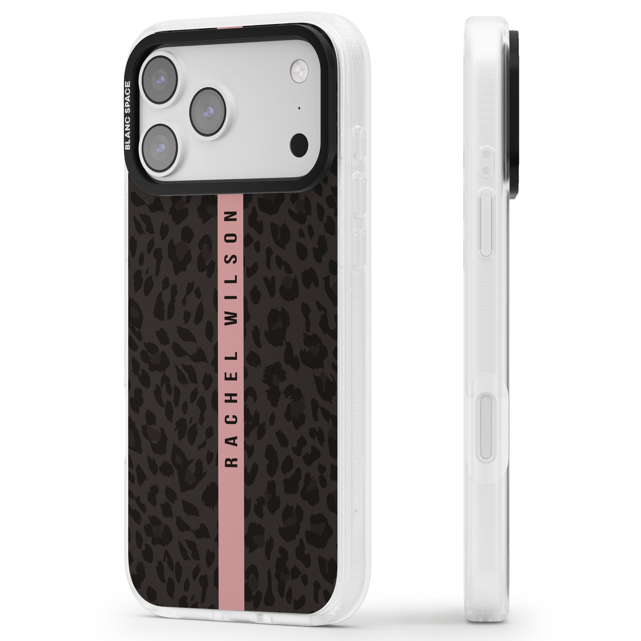 Personalised Pink Stripe Leopard iPhone 17 Pro Impact Air Clear Phone Case Side Profile