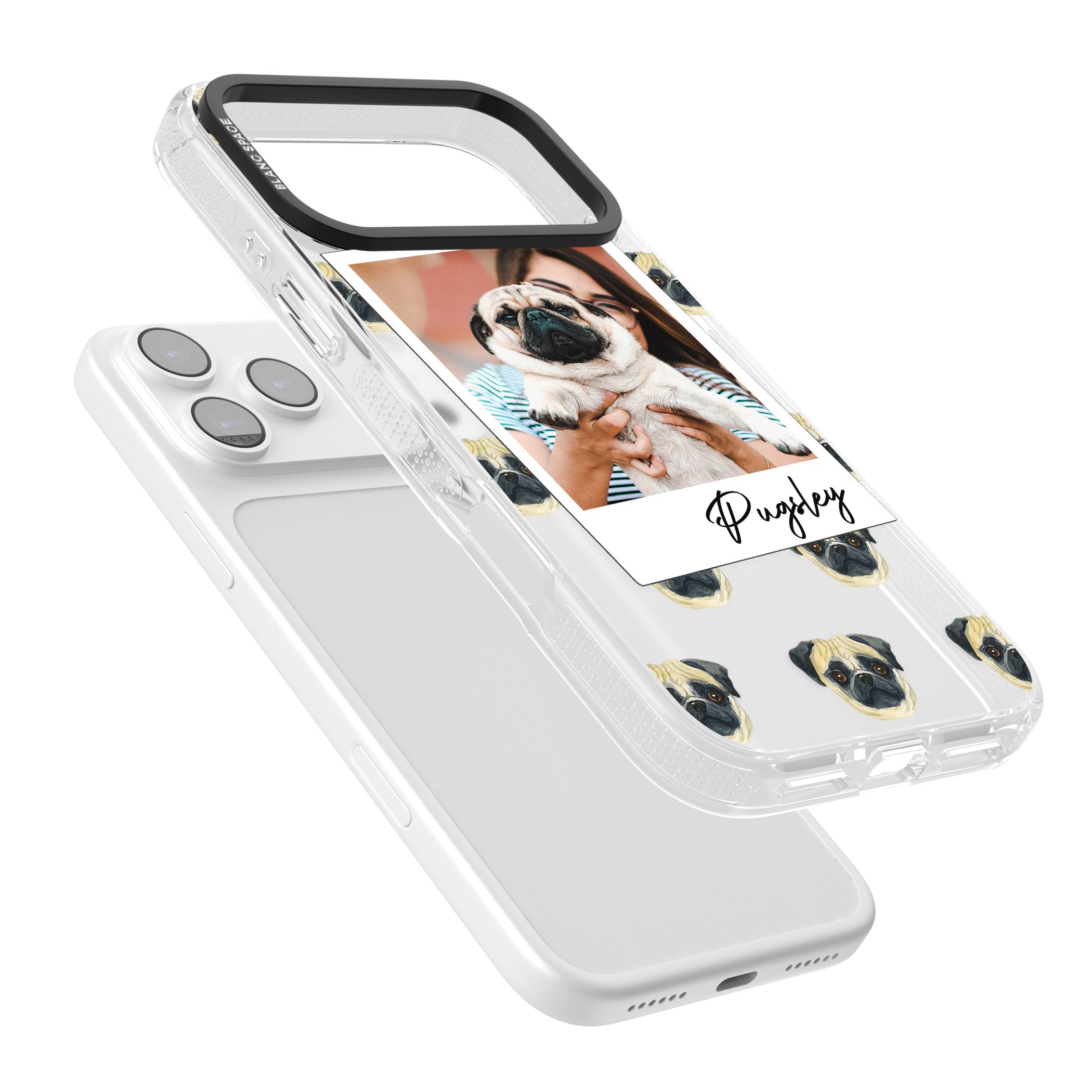 Personalised Pug Instant Camera Photo iPhone 17 Pro Impact Air Clear Phone Case Colours