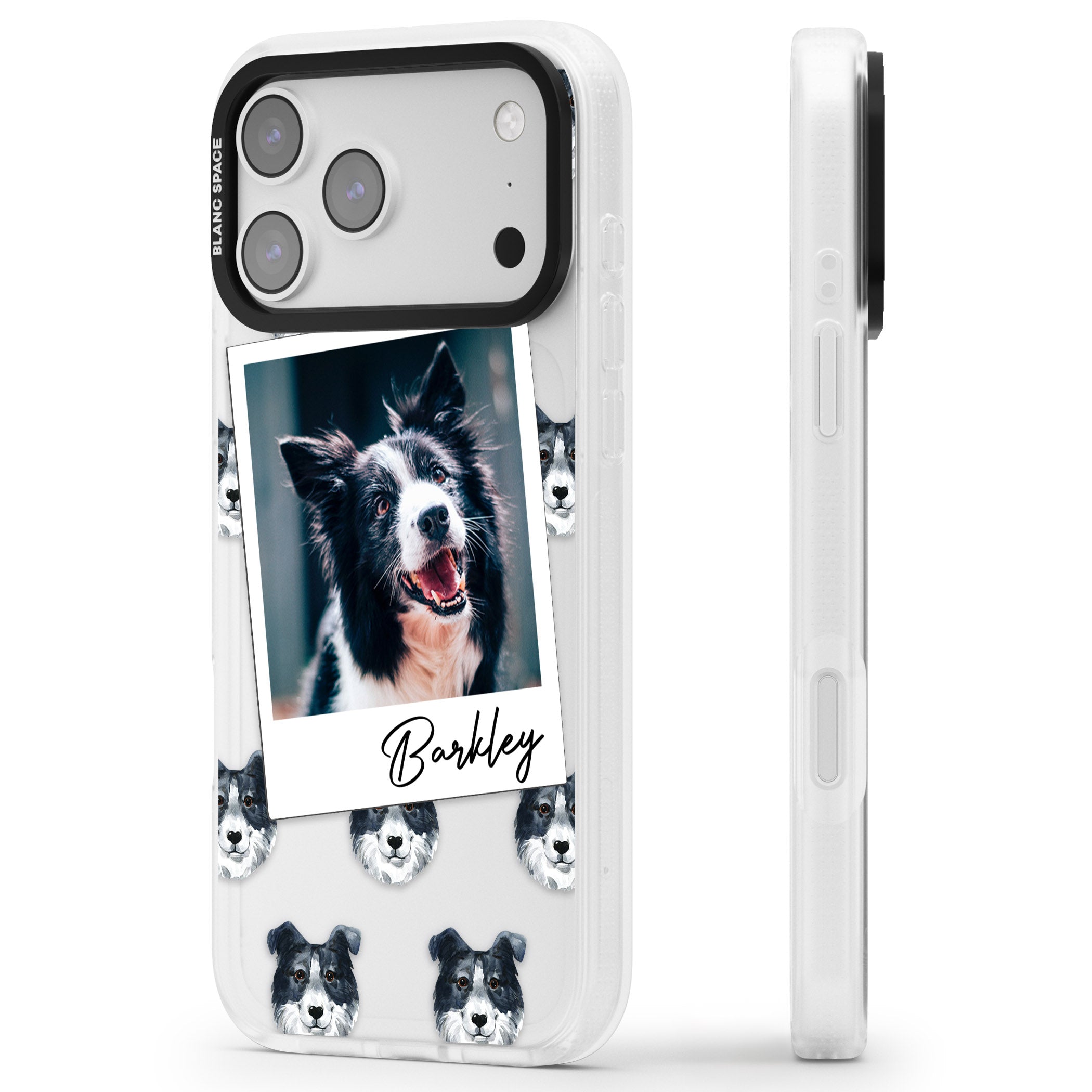 Personalised Border Collie Instant Camera Photo iPhone 17 Pro Impact Air Clear Phone Case Side Profile