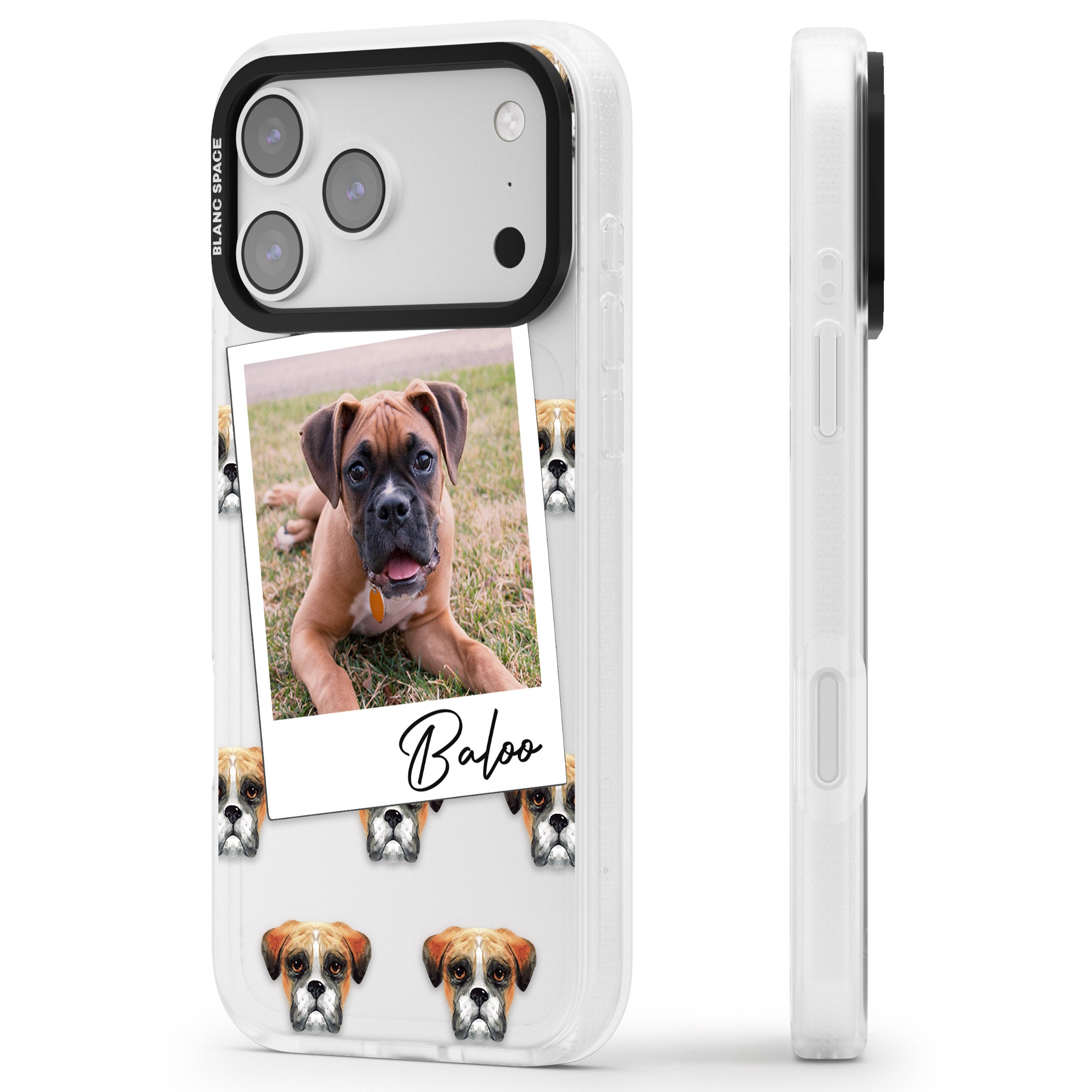 Personalised Boxer Instant Camera Photo iPhone 17 Pro Impact Air Clear Phone Case Side Profile