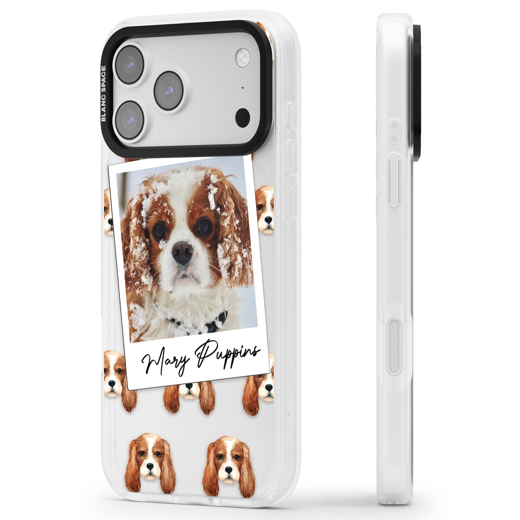 Personalised Cavalier King Charles Instant Camera Photo iPhone 17 Pro Impact Air Clear Phone Case Side Profile