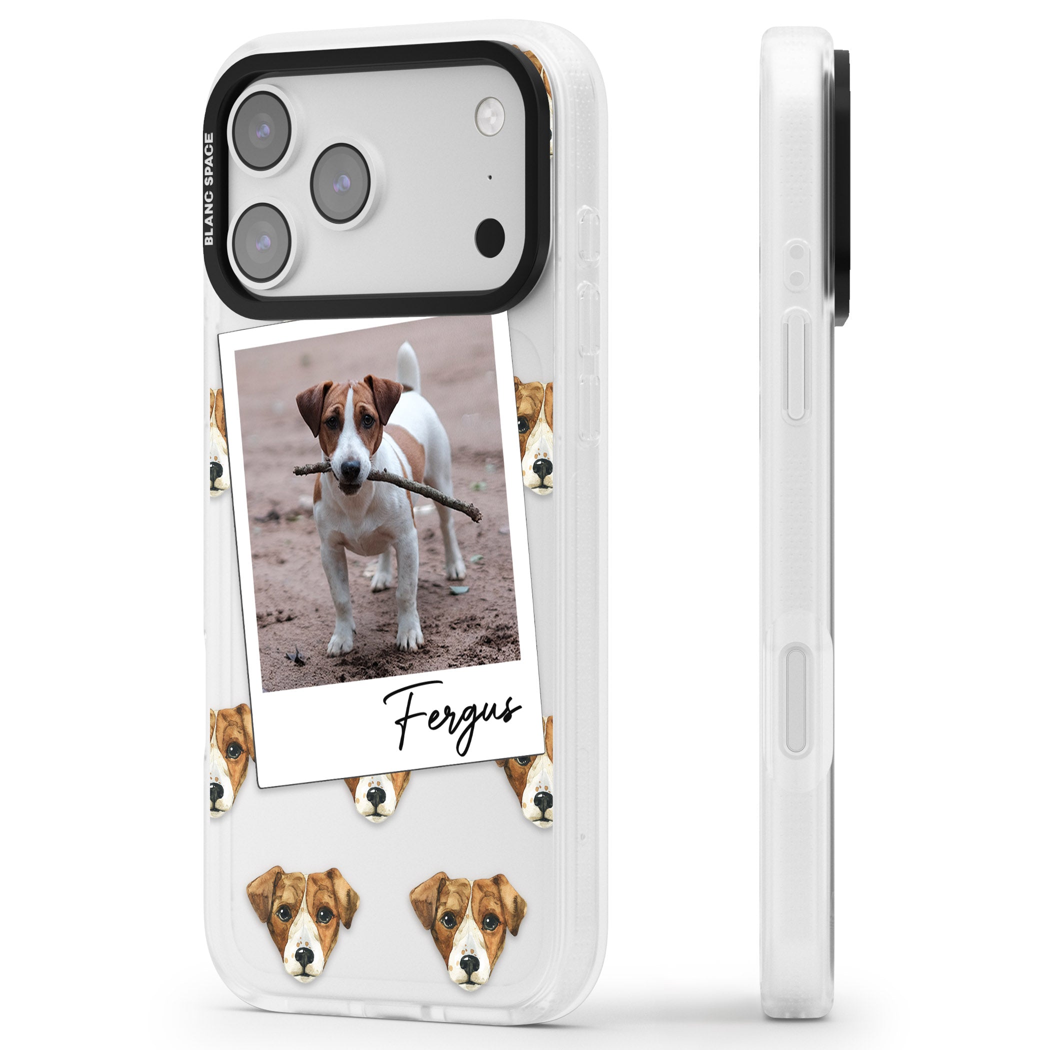 Personalised Jack Russell Instant Camera Photo iPhone 17 Pro Impact Air Clear Phone Case Side Profile