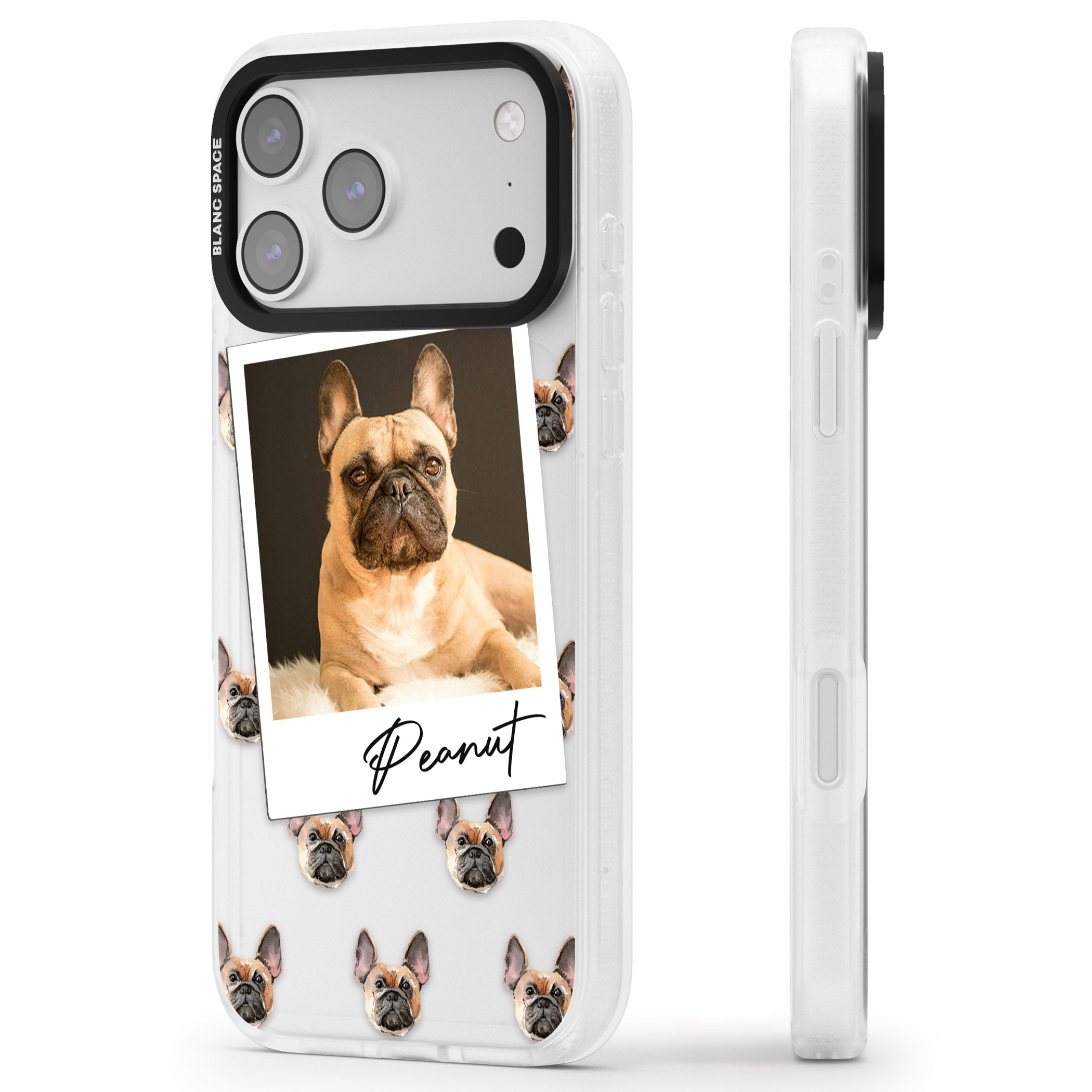 Personalised Tan French Bulldog Instant Camera Photo iPhone 17 Pro Impact Air Clear Phone Case Side Profile