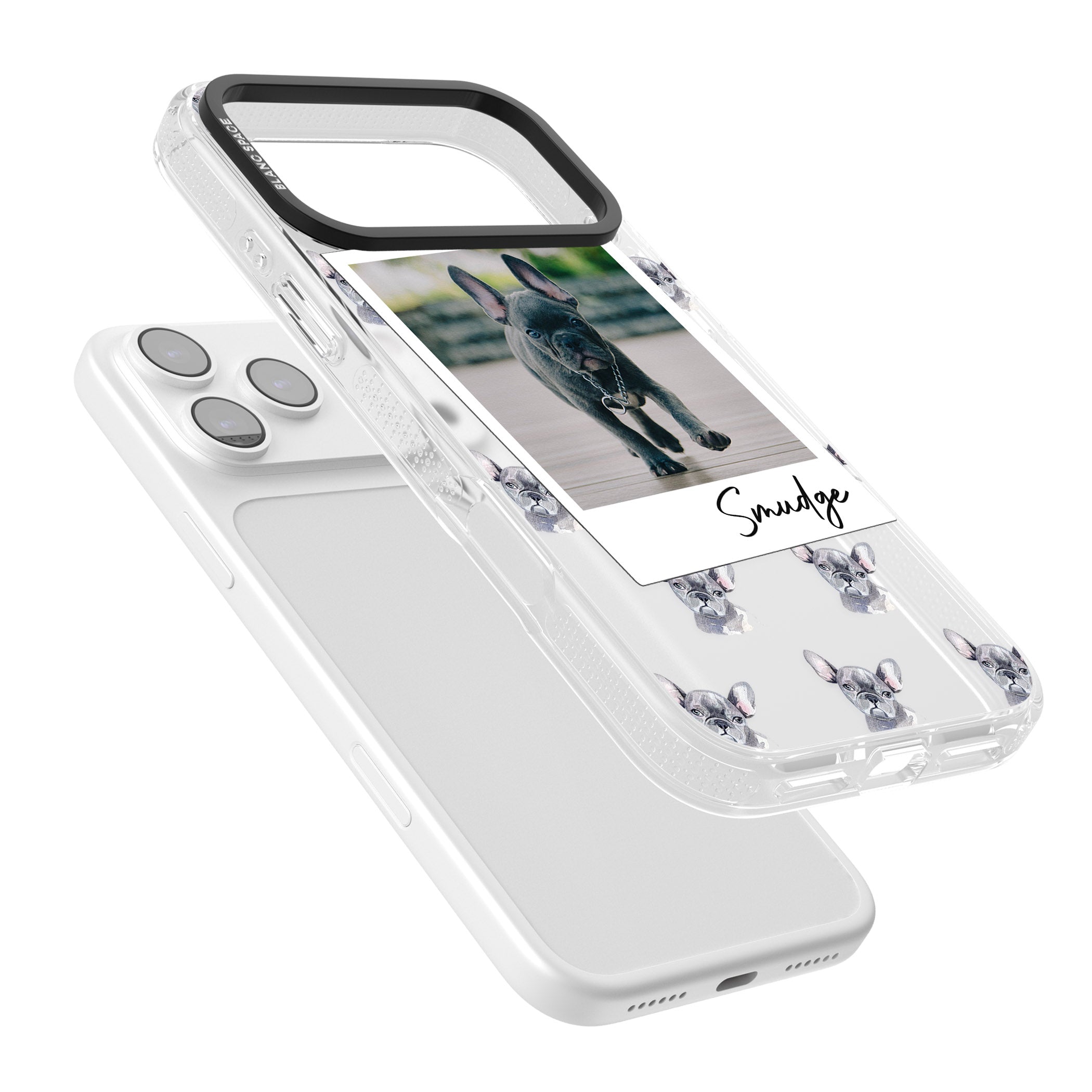Personalised Grey French Bulldog Instant Camera Photo iPhone 17 Pro Impact Air Clear Phone Case Colours