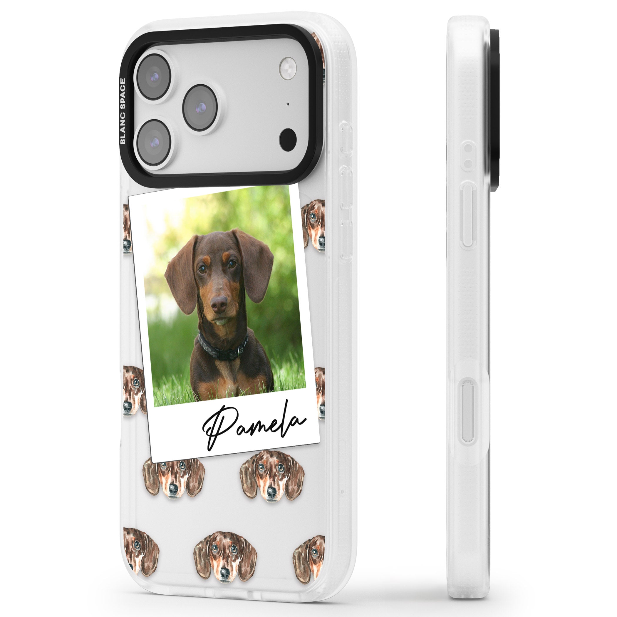 Personalised Brown Dachshund Instant Camera Photo iPhone 17 Pro Impact Air Clear Phone Case Side Profile