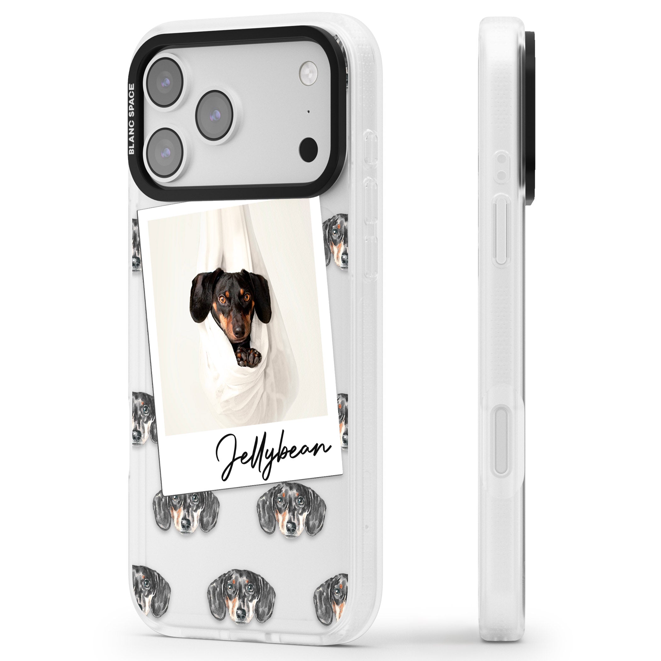 Personalised Black Dachshund Instant Camera Photo iPhone 17 Pro Impact Air Clear Phone Case Side Profile