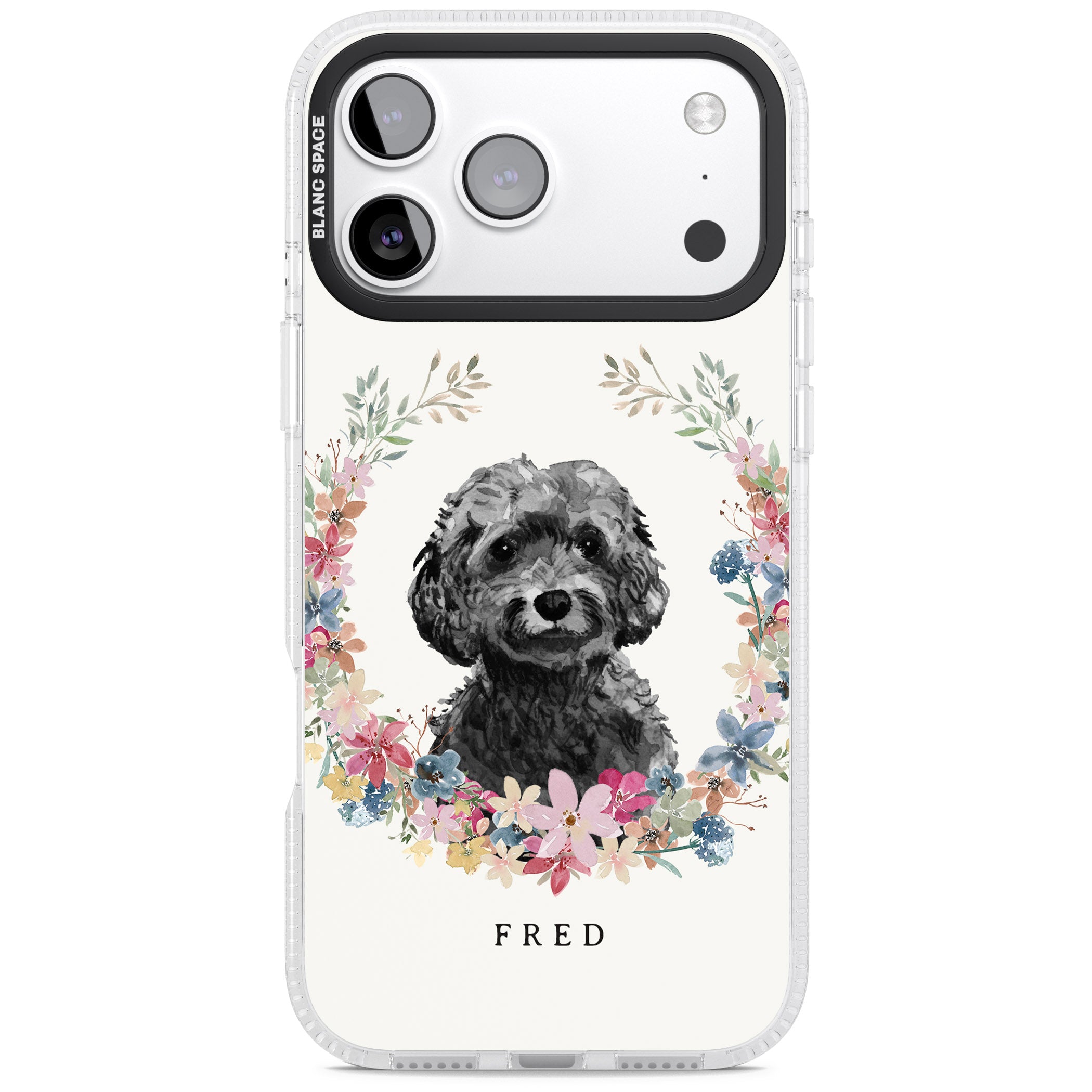 Personalised Black Cockapoo Floral Portrait iPhone 17 Pro Impact Air Clear Phone Case
