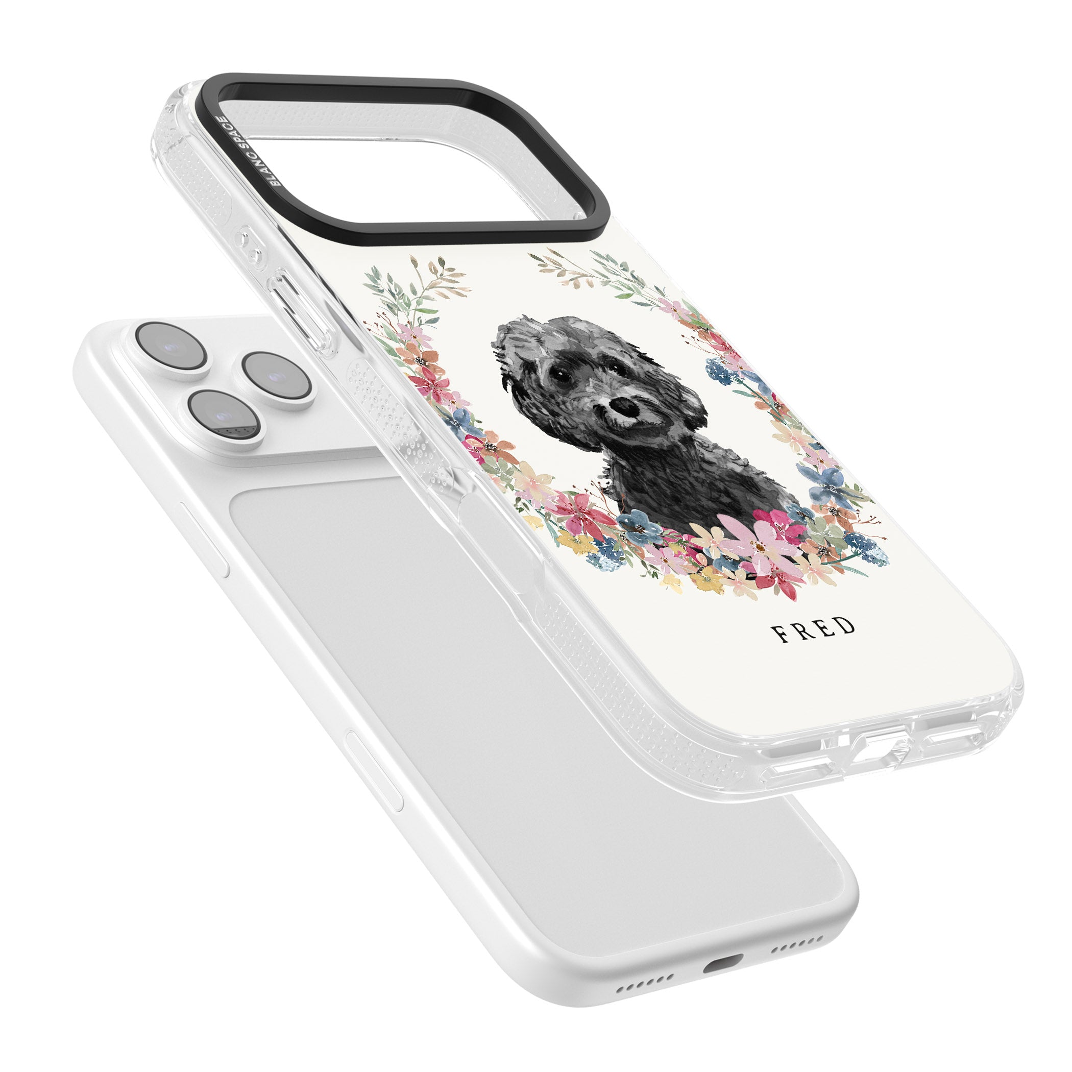 Personalised Black Cockapoo Floral Portrait iPhone 17 Pro Impact Air Clear Phone Case Colours