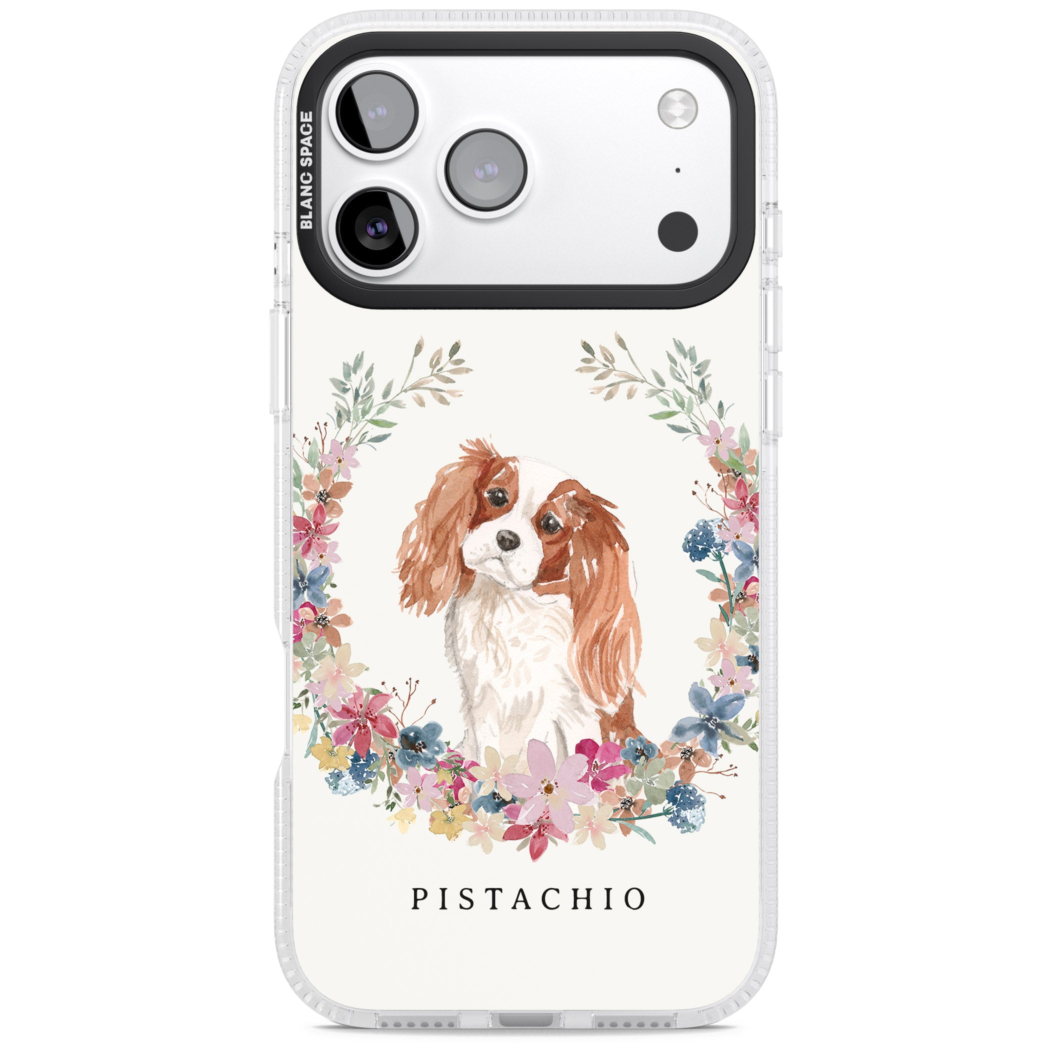 Personalised Cavalier King Charles Floral Portrait iPhone 17 Pro Impact Air Clear Phone Case
