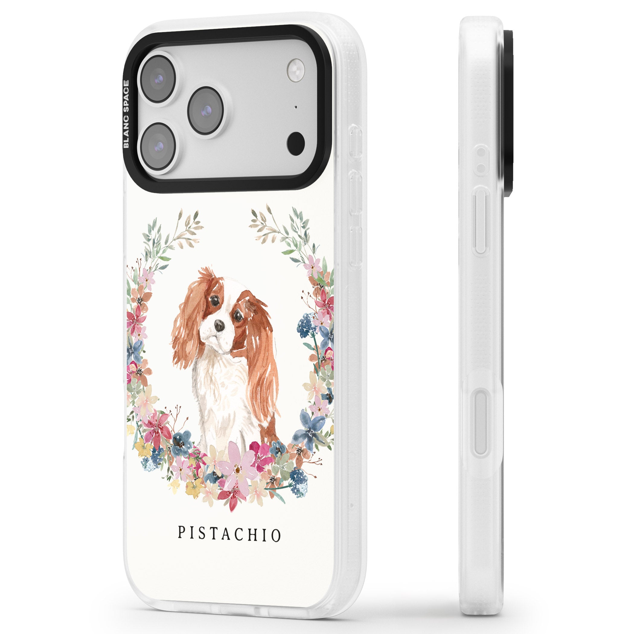 Personalised Cavalier King Charles Floral Portrait iPhone 17 Pro Impact Air Clear Phone Case Side Profile