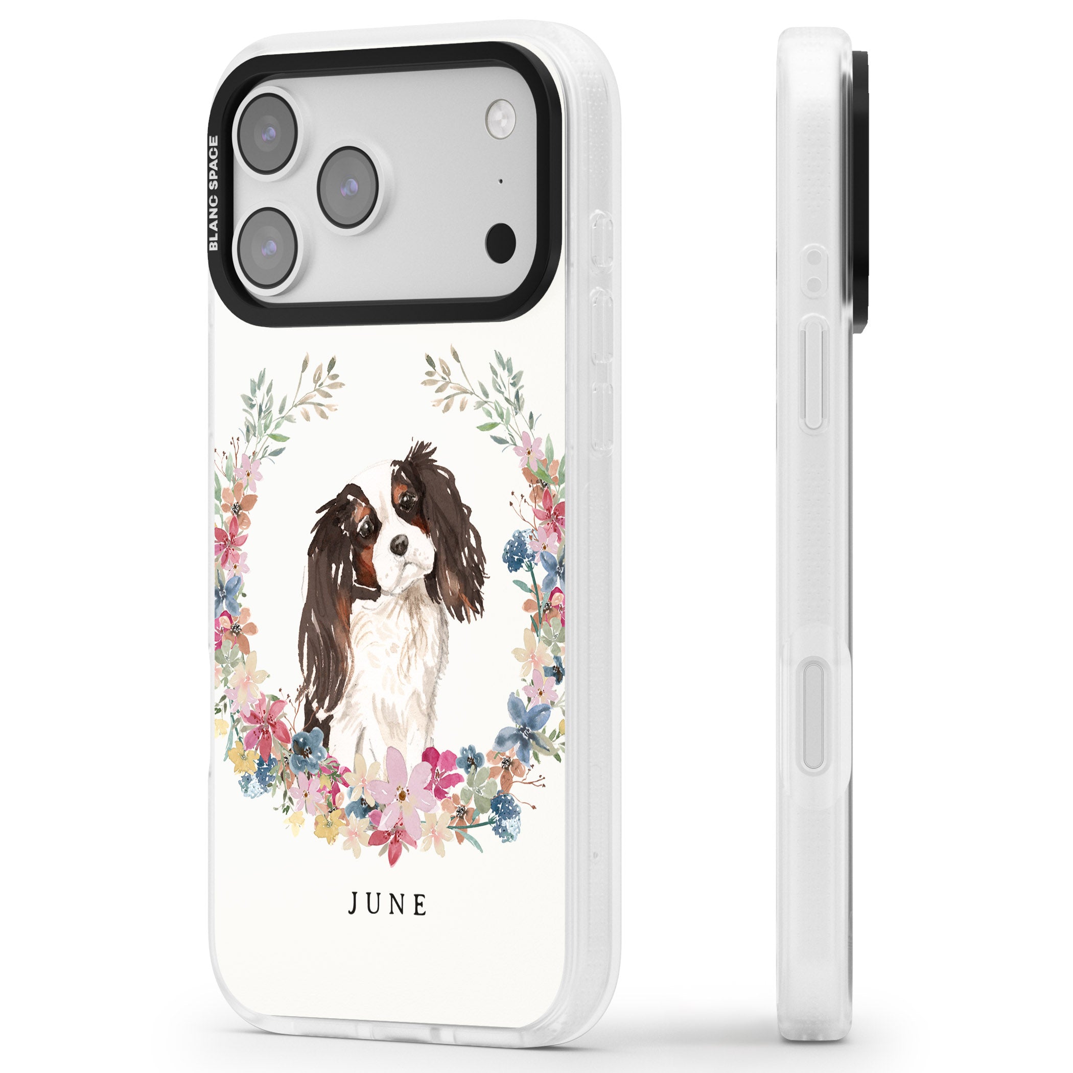 Personalised King Charles Floral Portrait iPhone 17 Pro Impact Air Clear Phone Case Side Profile