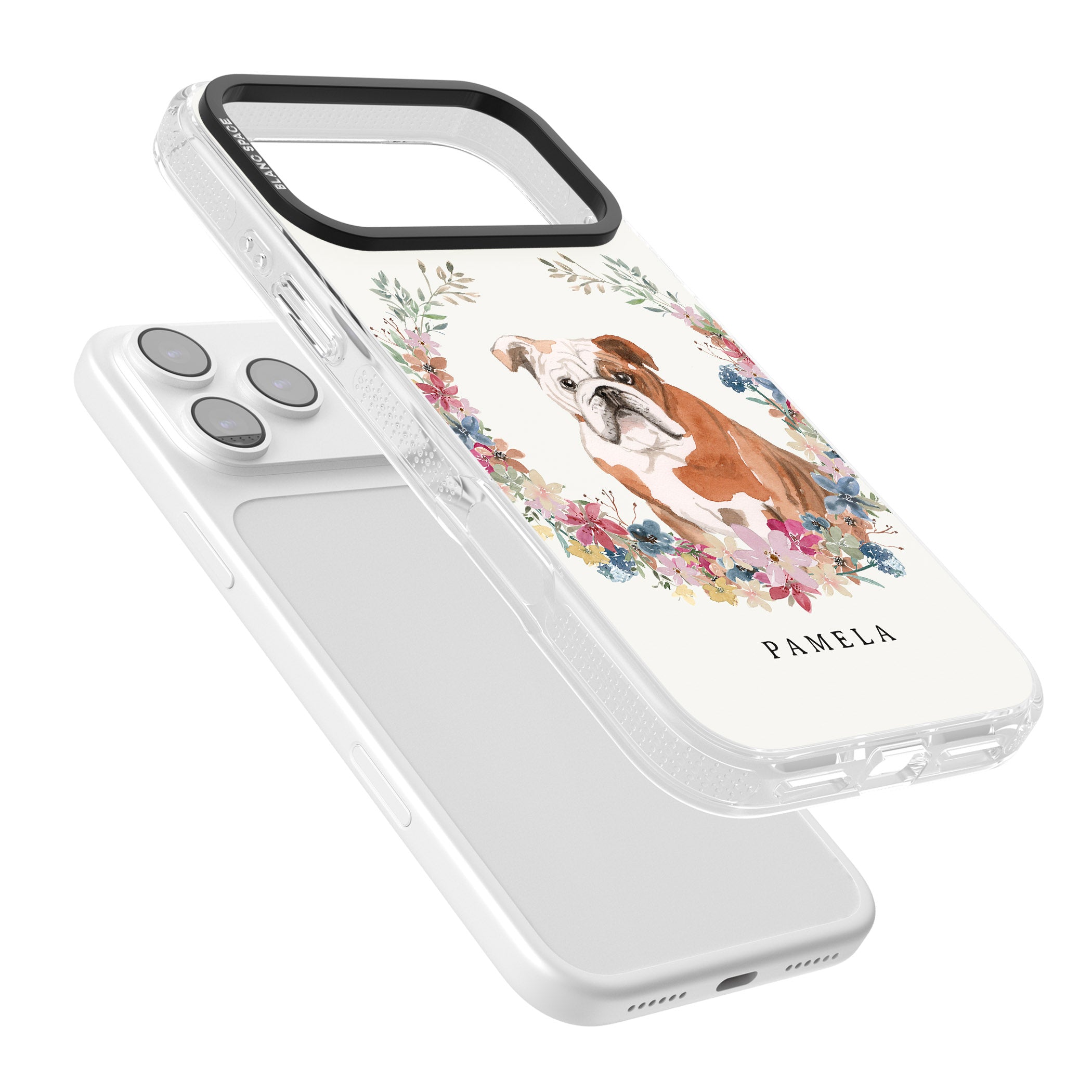 Personalised English Bulldog Floral Portrait iPhone 17 Pro Impact Air Clear Phone Case Colours
