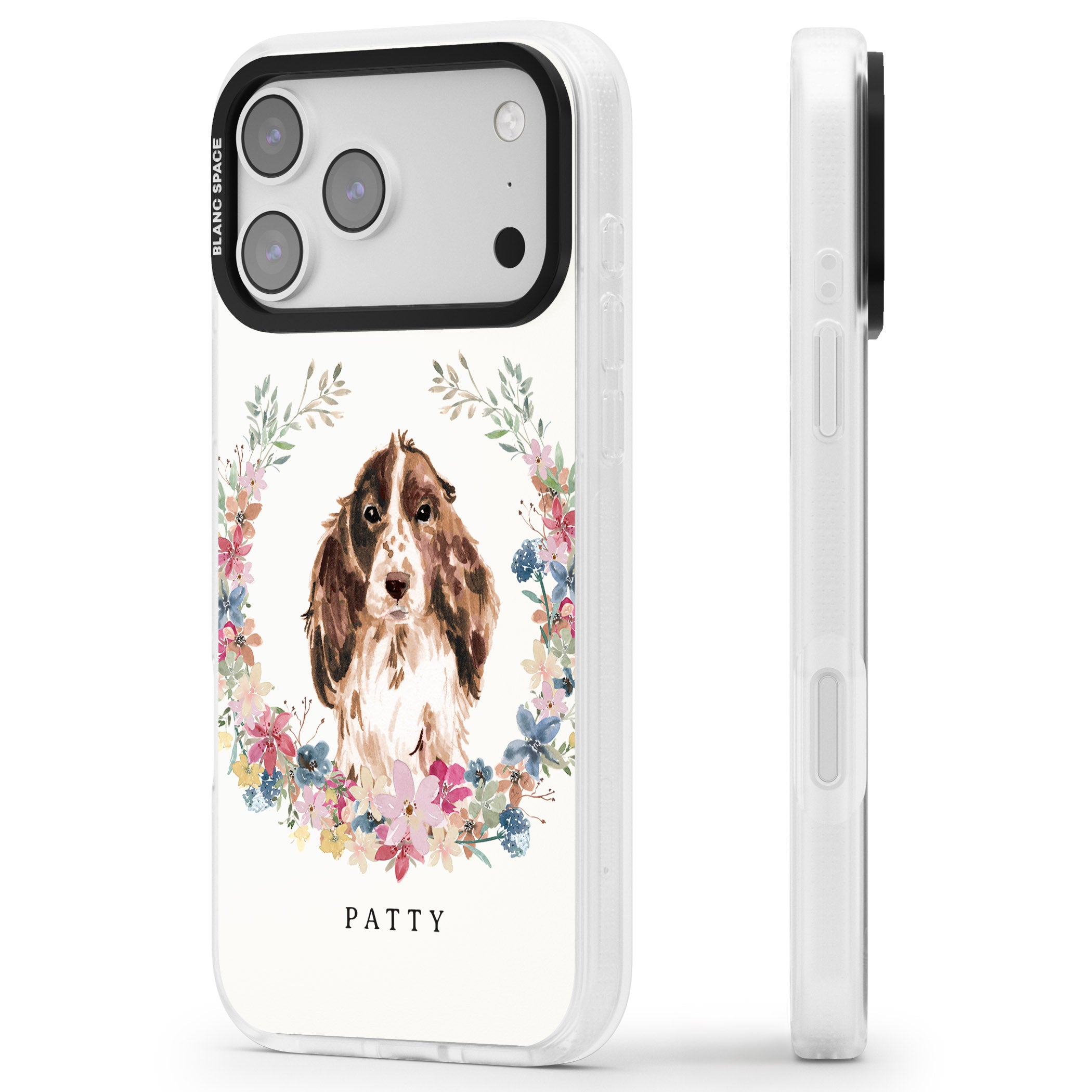 Personalised Cocker Spaniel Floral Portrait iPhone 17 Pro Impact Air Clear Phone Case Side Profile